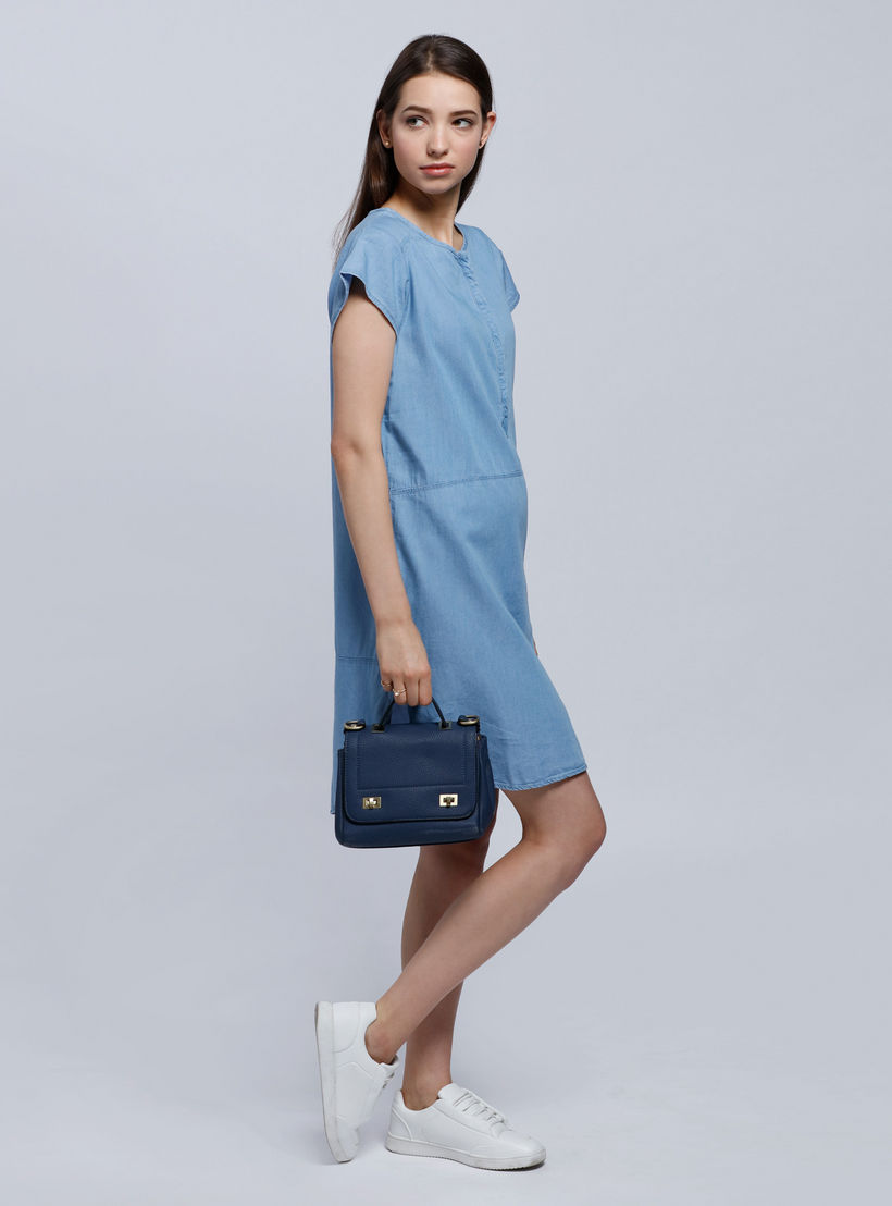 Round Neck Denim Dress with Cap Sleeves-women-clothing-dresses-image-1