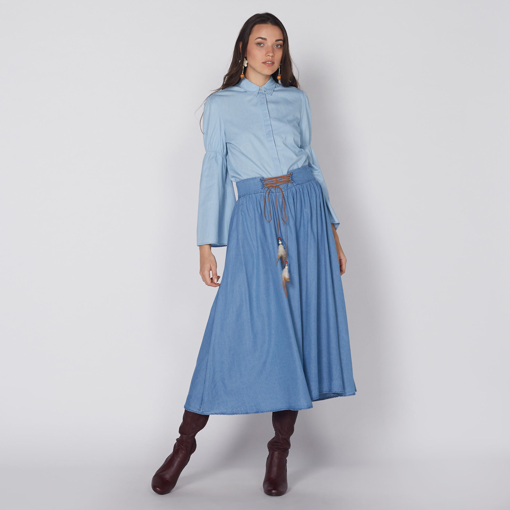 تنورة من الدينم متوسطة الطول برباط إغلاق-women-clothing-bottoms-skirts-image-1
