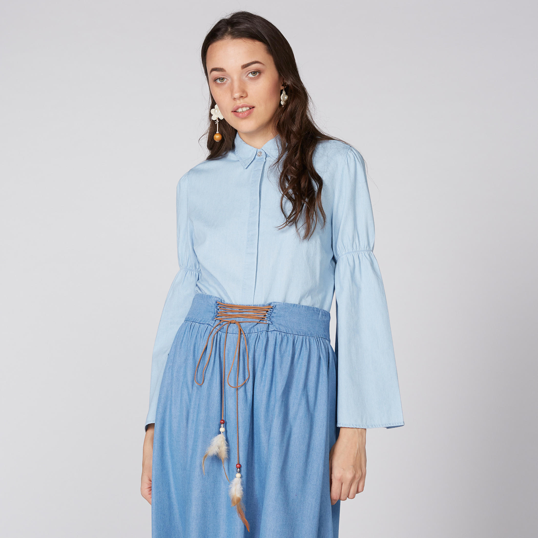 Denim Shirt with Flared Sleeves and Concealed Placket-women-clothing-shirtsandblouses-shirts-image-1