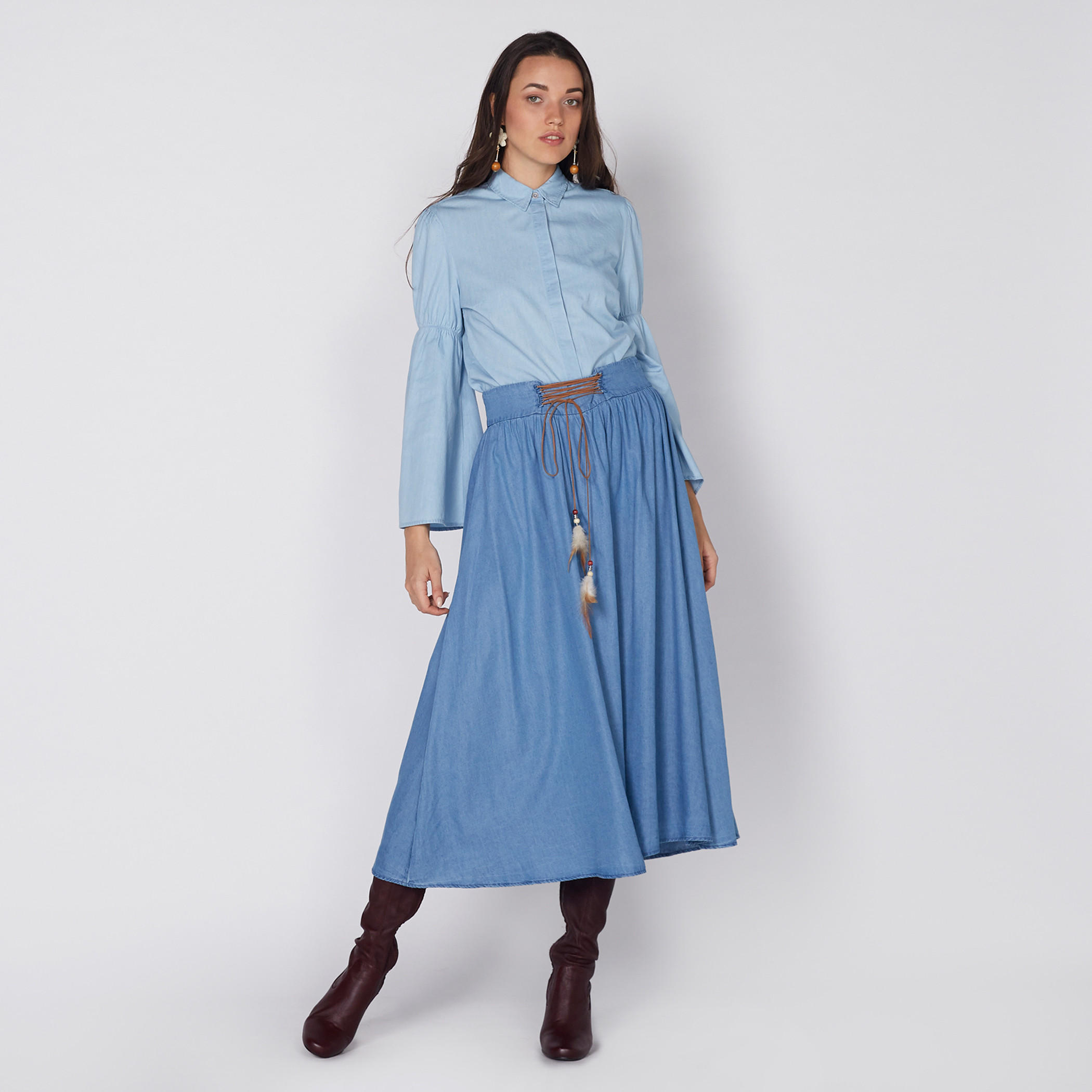 Denim Shirt with Flared Sleeves and Concealed Placket-women-clothing-shirtsandblouses-shirts-image-2