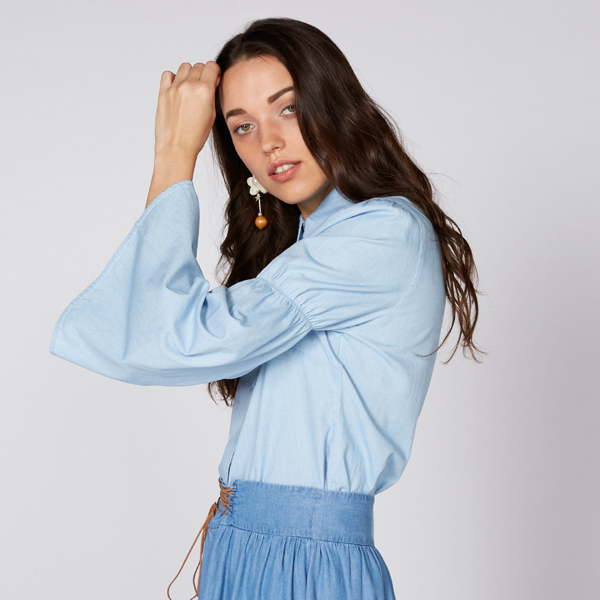 Denim Shirt with Flared Sleeves and Concealed Placket-women-clothing-shirtsandblouses-shirts-image-3