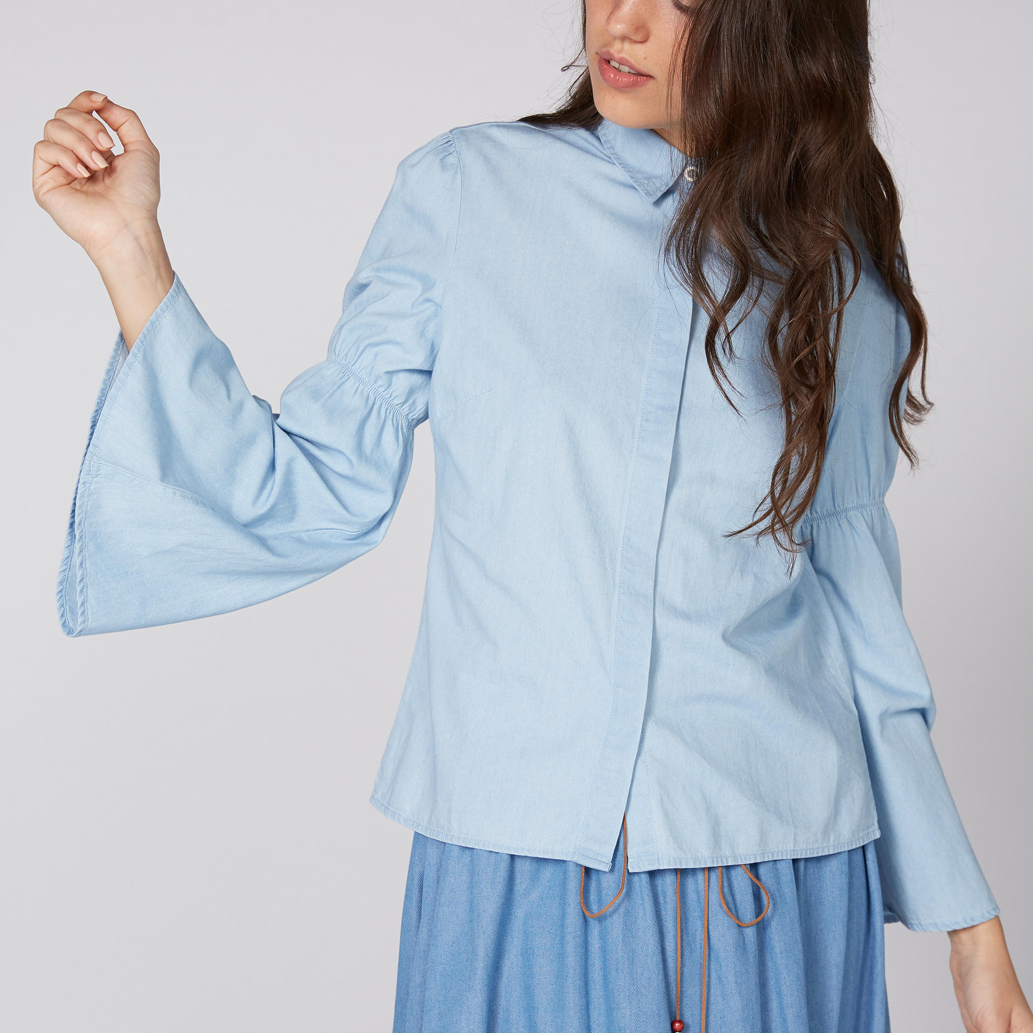 Denim Shirt with Flared Sleeves and Concealed Placket-women-clothing-shirtsandblouses-shirts-image-4