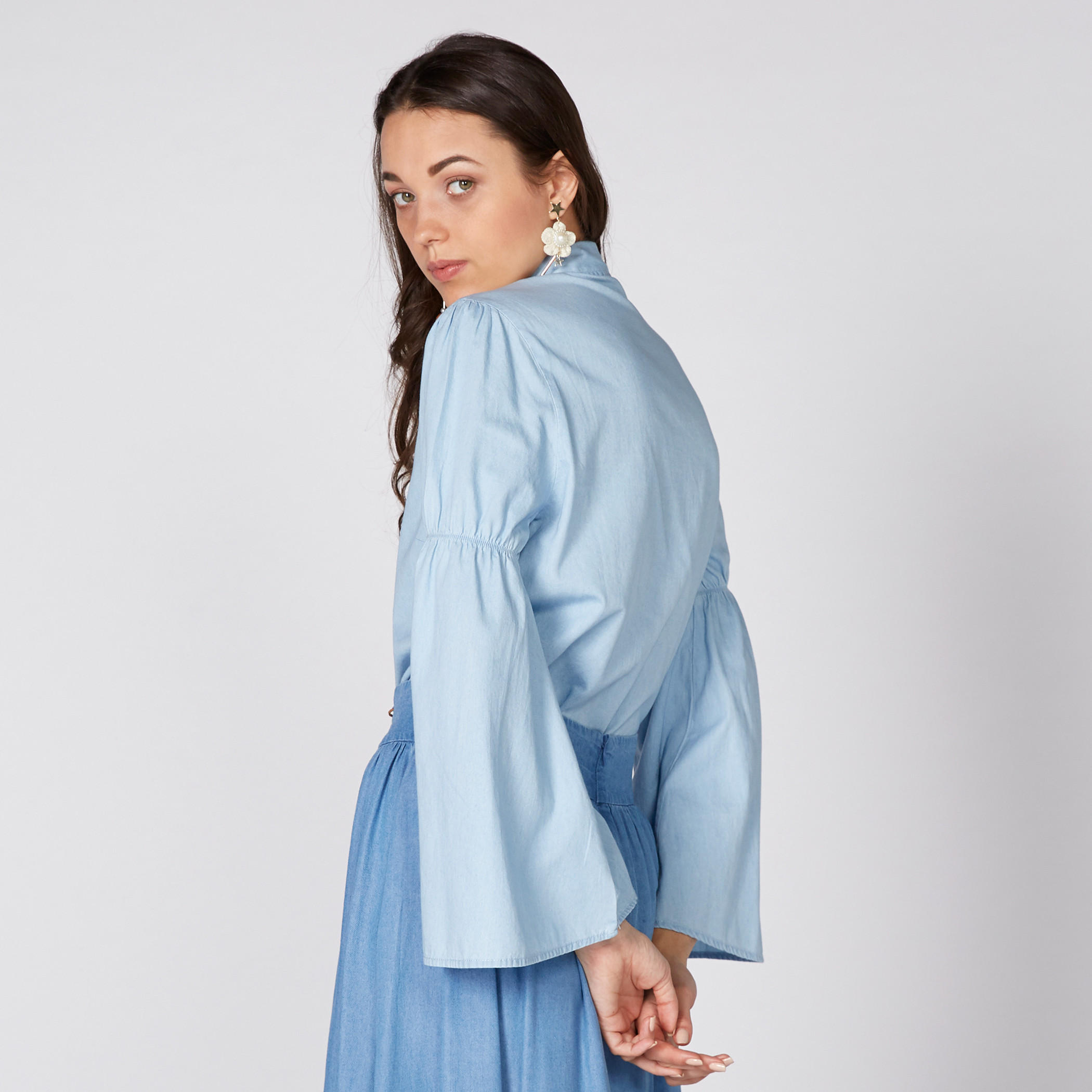 Denim Shirt with Flared Sleeves and Concealed Placket-women-clothing-shirtsandblouses-shirts-image-5