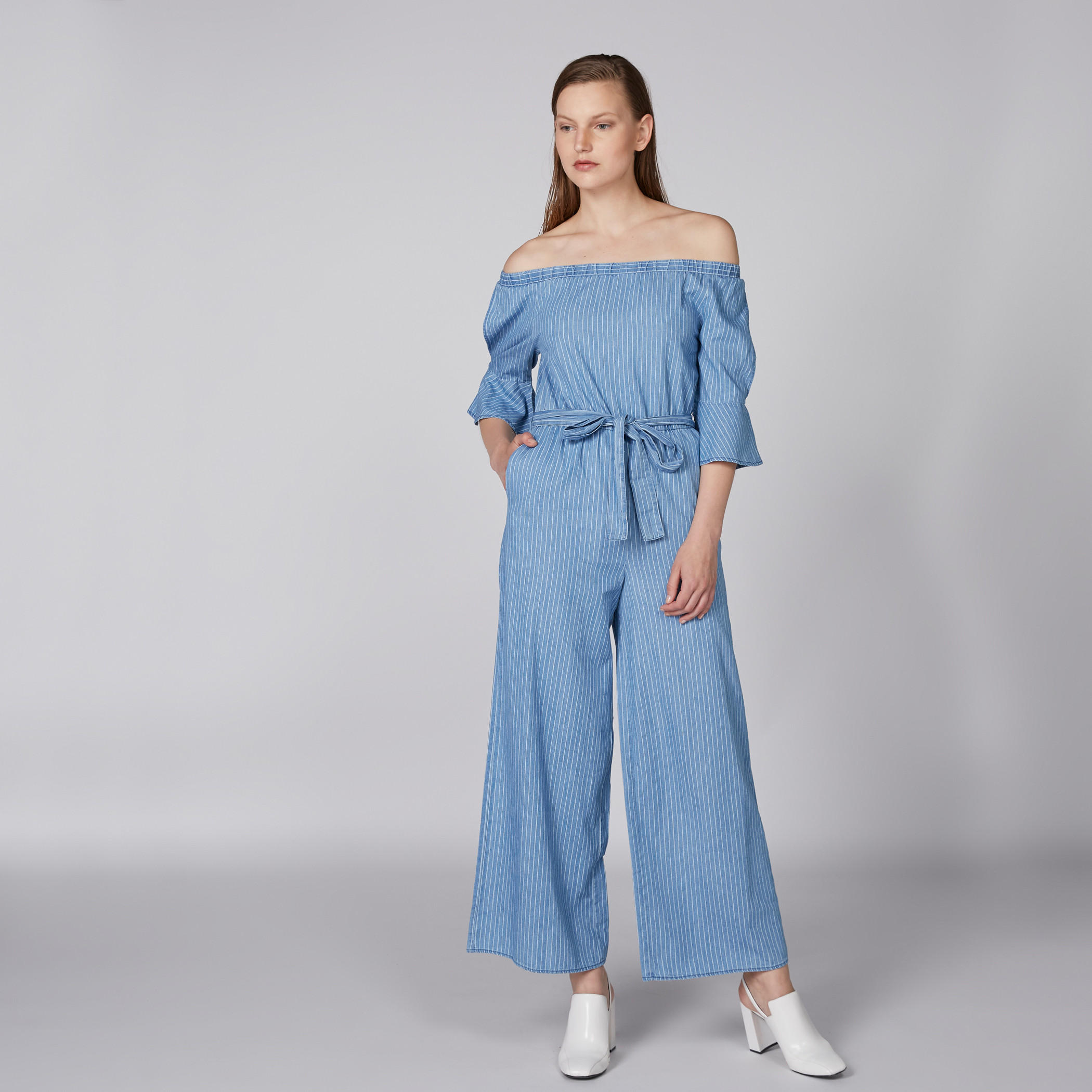 Striped Off Shoulder Jumpsuit with Tie Up Detail-women-clothing-jumpsuits-image-1