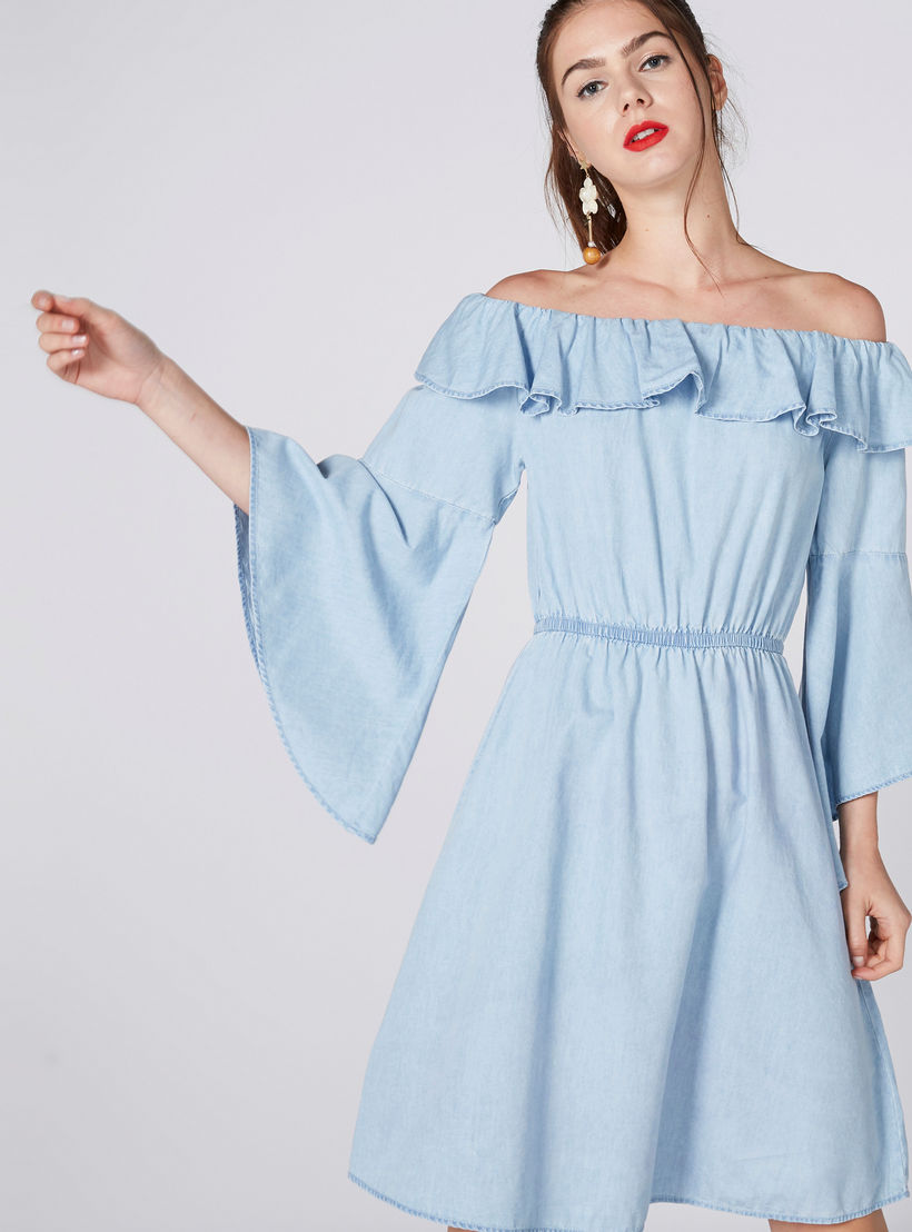 فستان متوسط الطول بأكتاف مكشوفة وأكمام عريضة-women-clothing-dresses-image-2