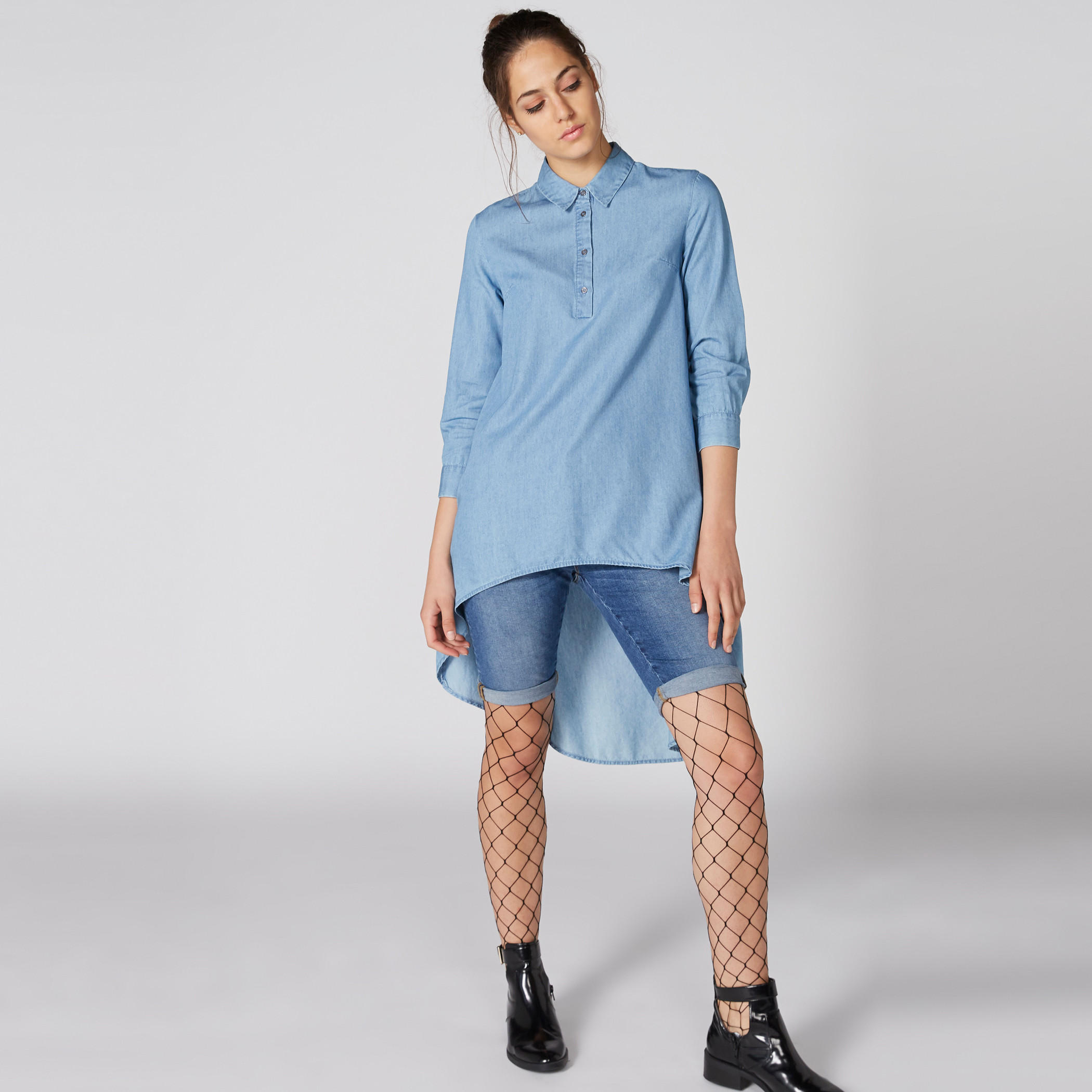تونيك من الدينم بأكمام 3/4 وحوّاف غير مستوية-women-clothing-shirtsandblouses-blouses-image-1