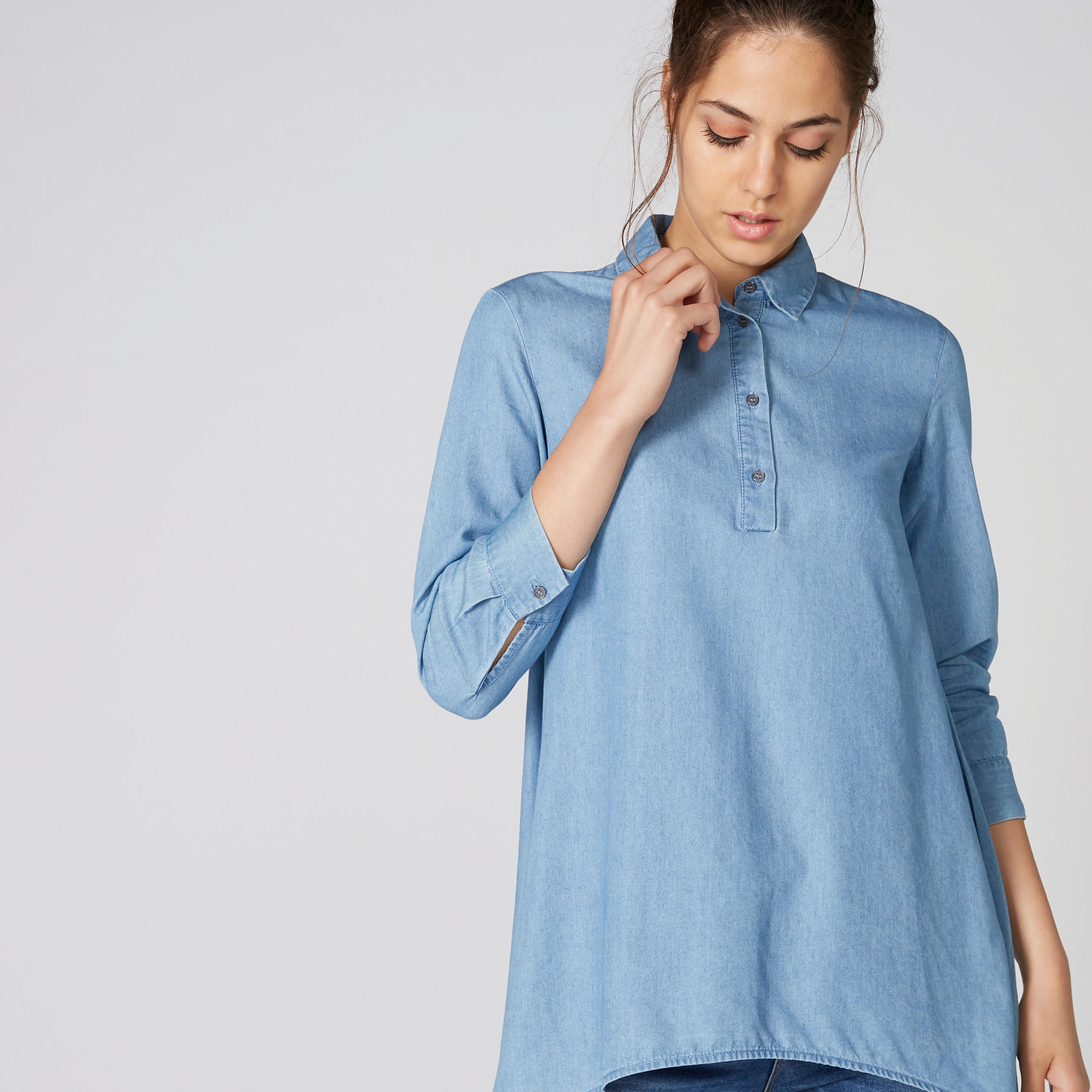 تونيك من الدينم بأكمام 3/4 وحوّاف غير مستوية-women-clothing-shirtsandblouses-blouses-image-3