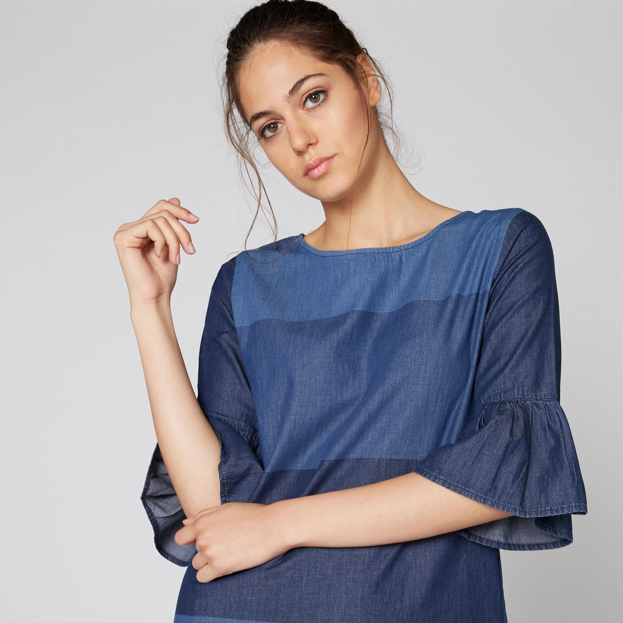 فستان من الدينم متوسط الطول بأكمام 3/4 وياقة مستديرة-women-clothing-dresses-image-1