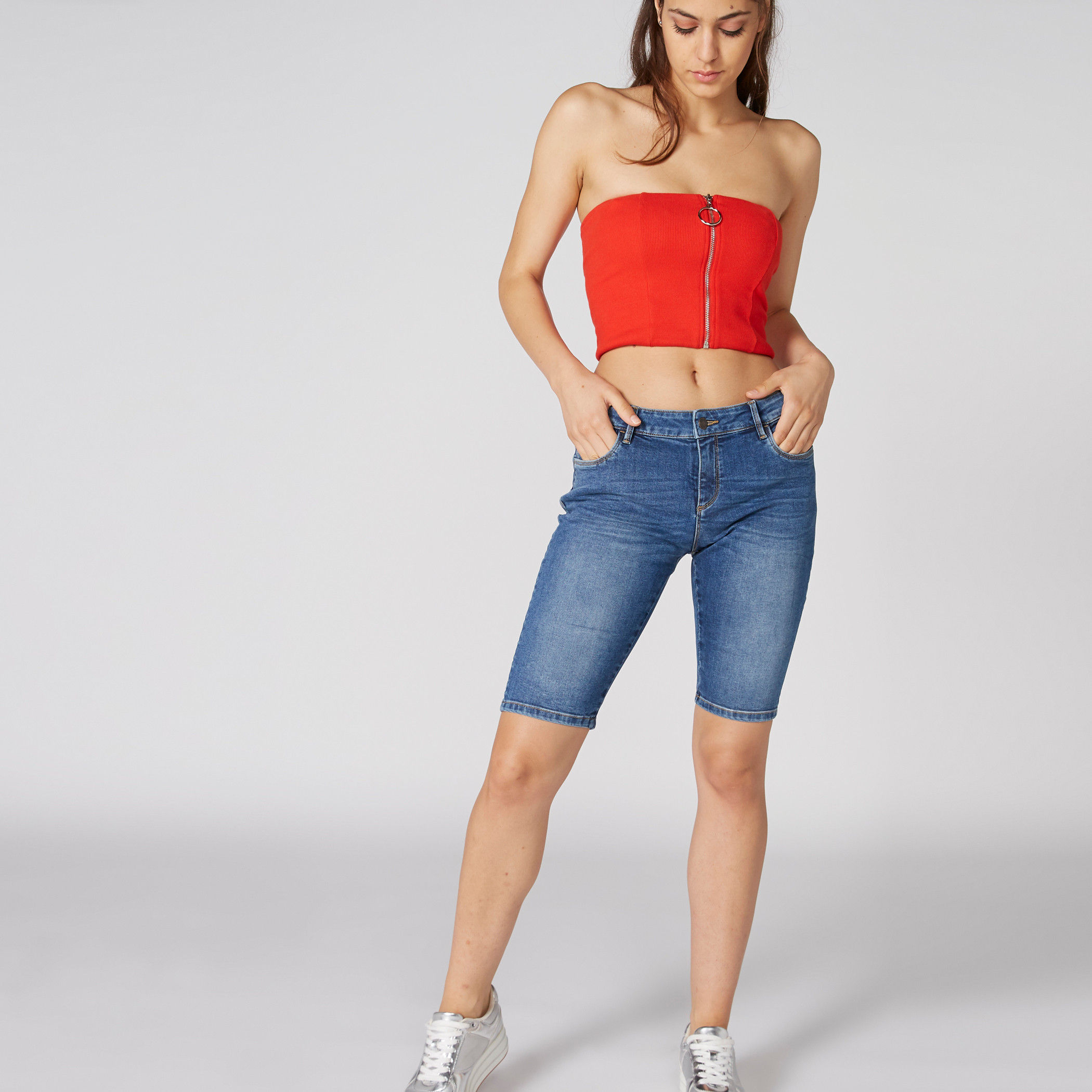 Denim Shorts with Button Closure and Pocket Detail-women-clothing-bottoms-shorts-image-1