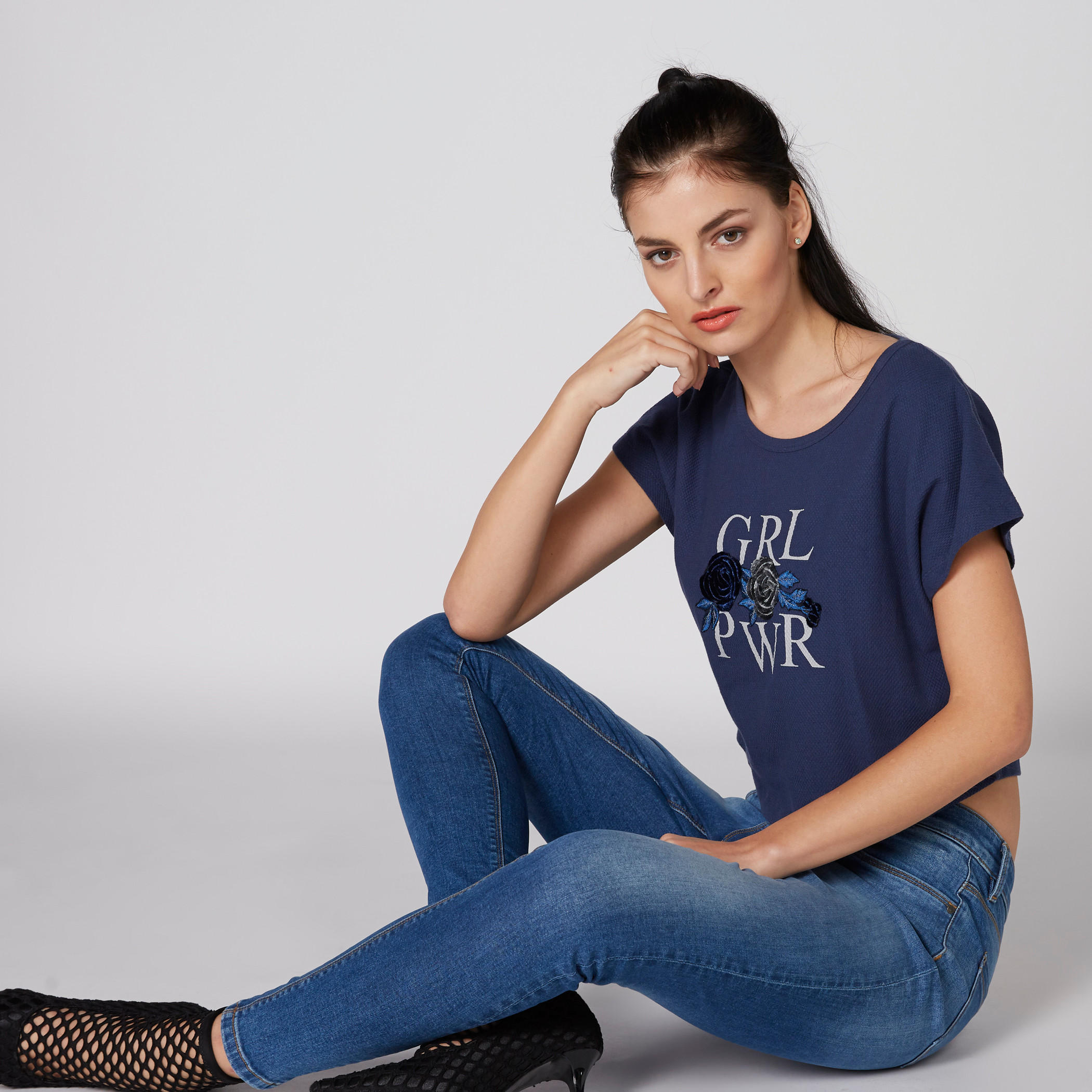 Printed Crop T-Shirt with Round Neck and Extended Sleeves-women-clothing-tshirts-image-1