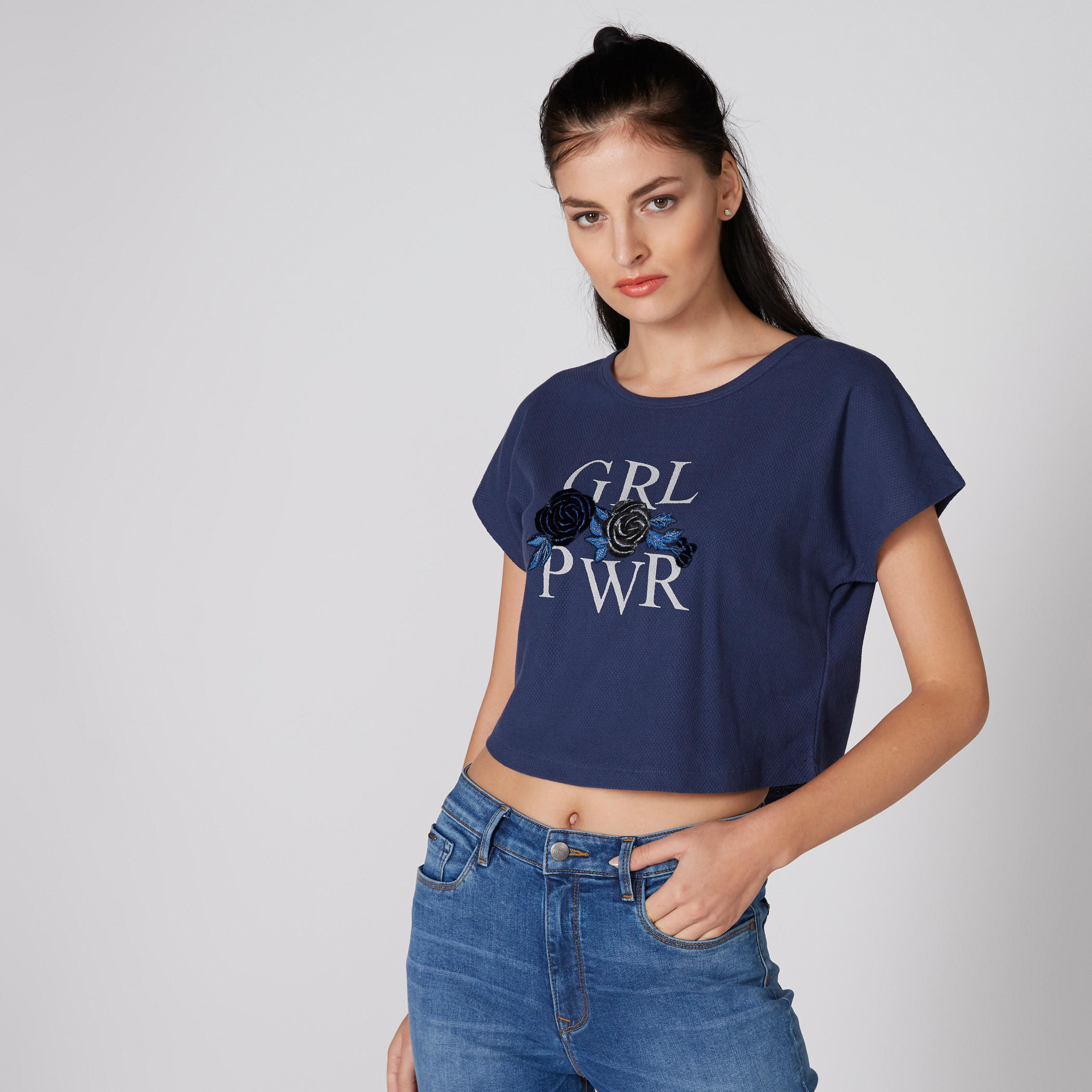 Printed Crop T-Shirt with Round Neck and Extended Sleeves-women-clothing-tshirts-image-3