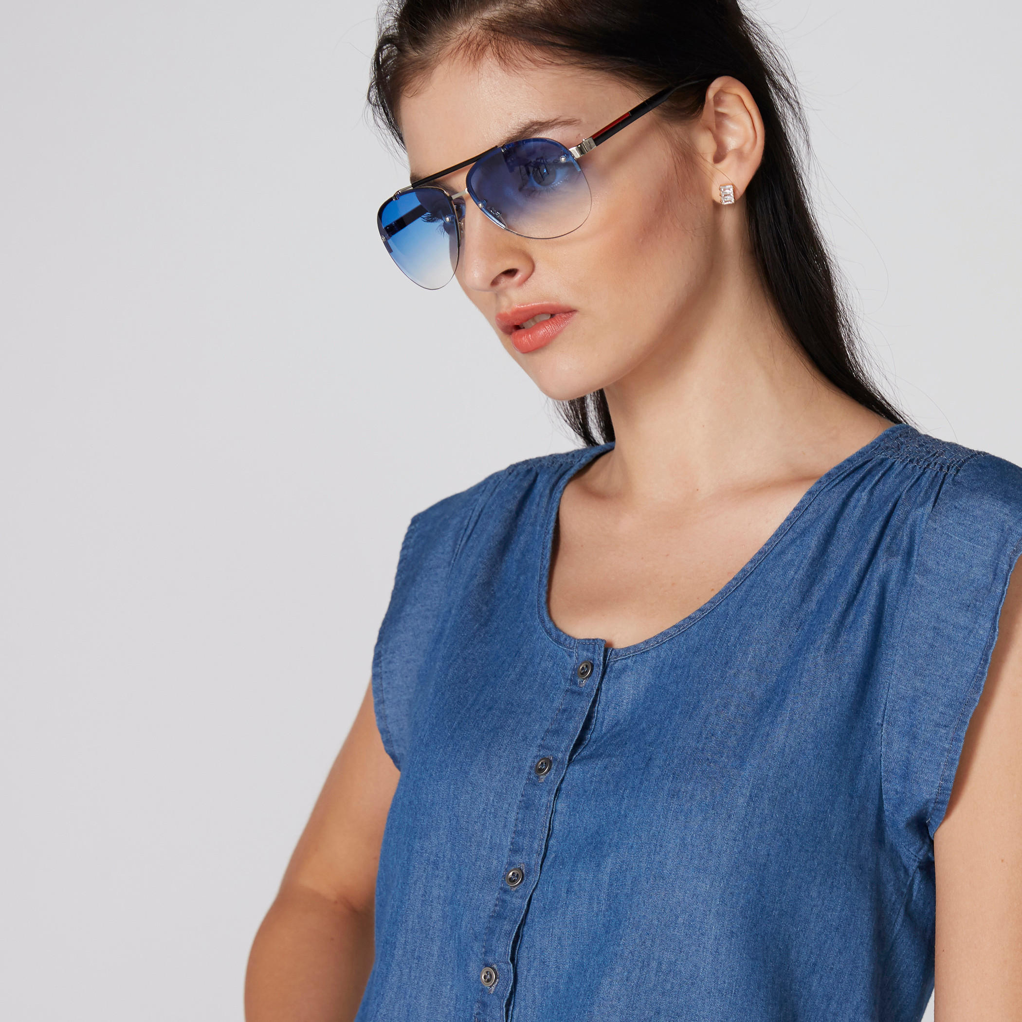 بلوزة من الدينم بياقة هينلي وأكمام كاب-women-clothing-shirtsandblouses-blouses-image-4
