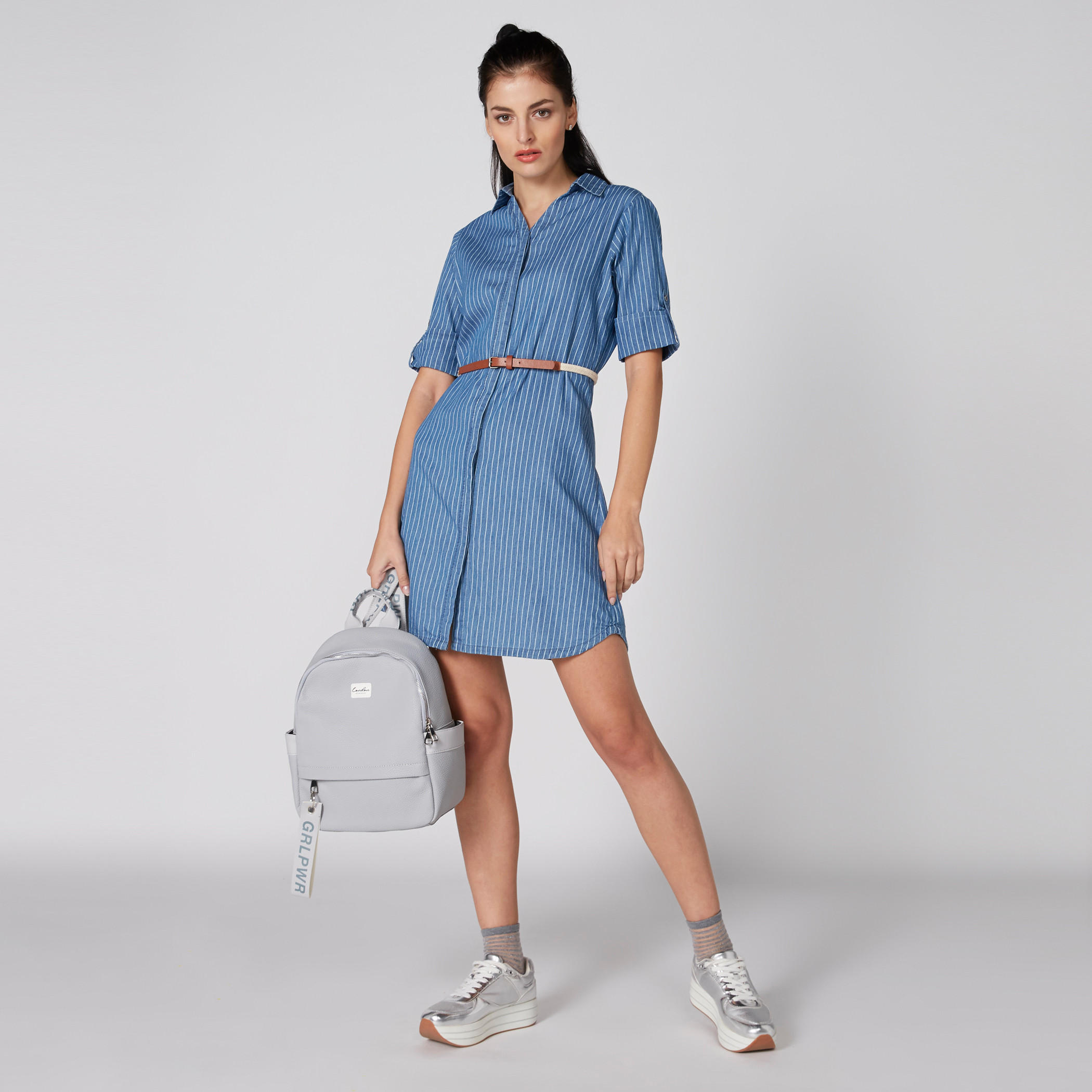فستان قميص من الدينم مقلم بحزام-women-clothing-dresses-image-3