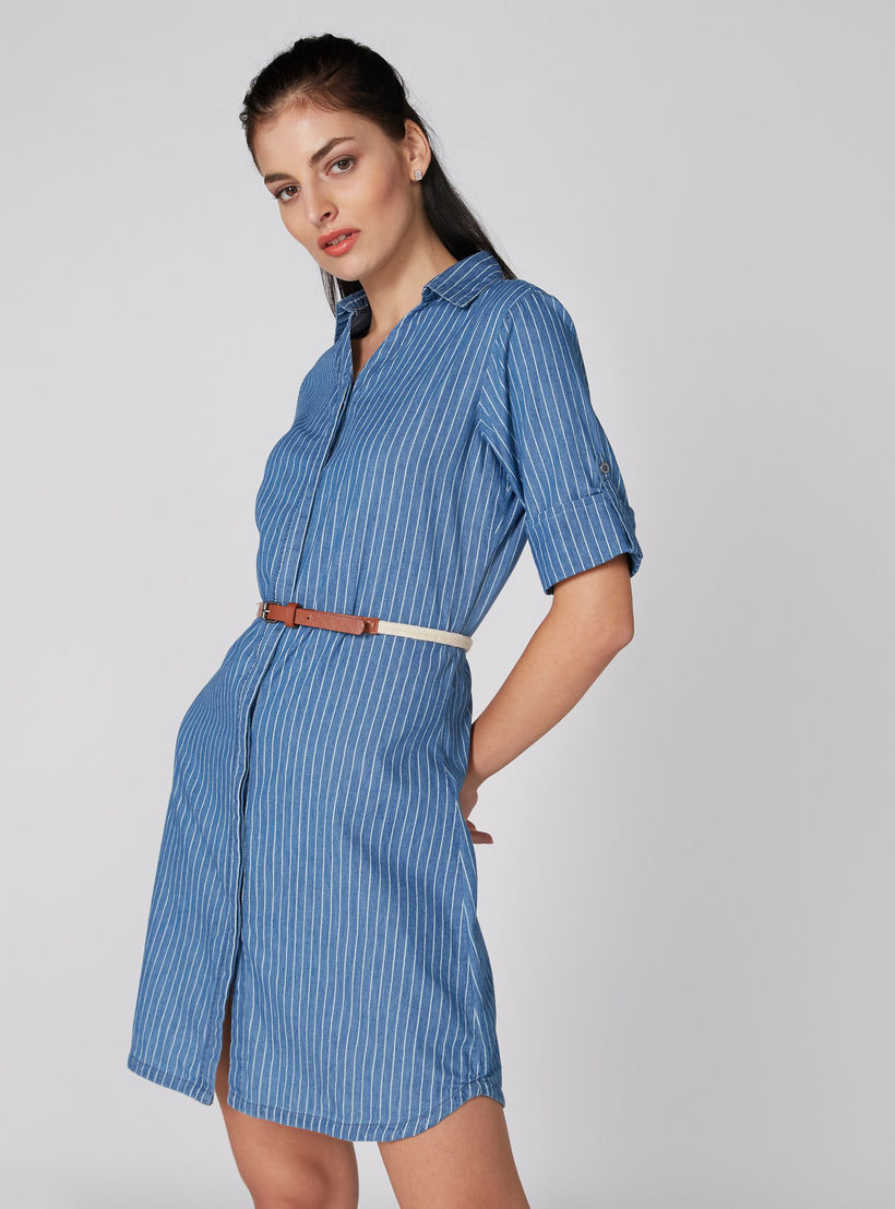 فستان قميص من الدينم مقلم بحزام-women-clothing-dresses-image-4