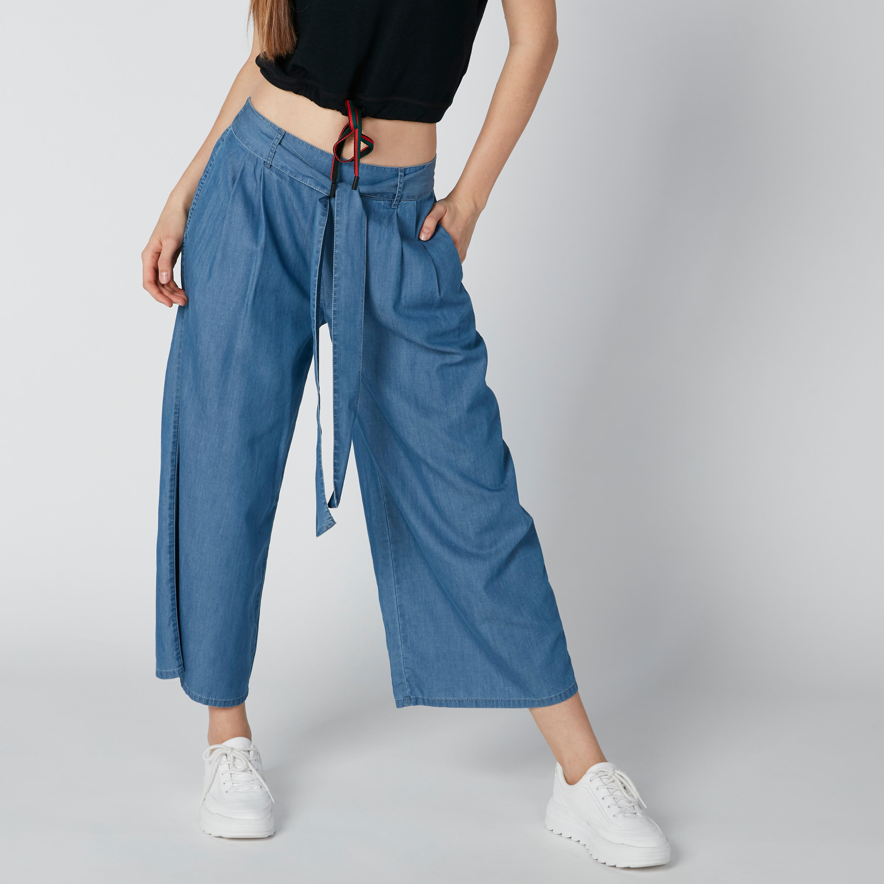 بنطلون بالازو مستدام دينم بحزام وجيوب -women-clothing-bottoms-jeans-image-5