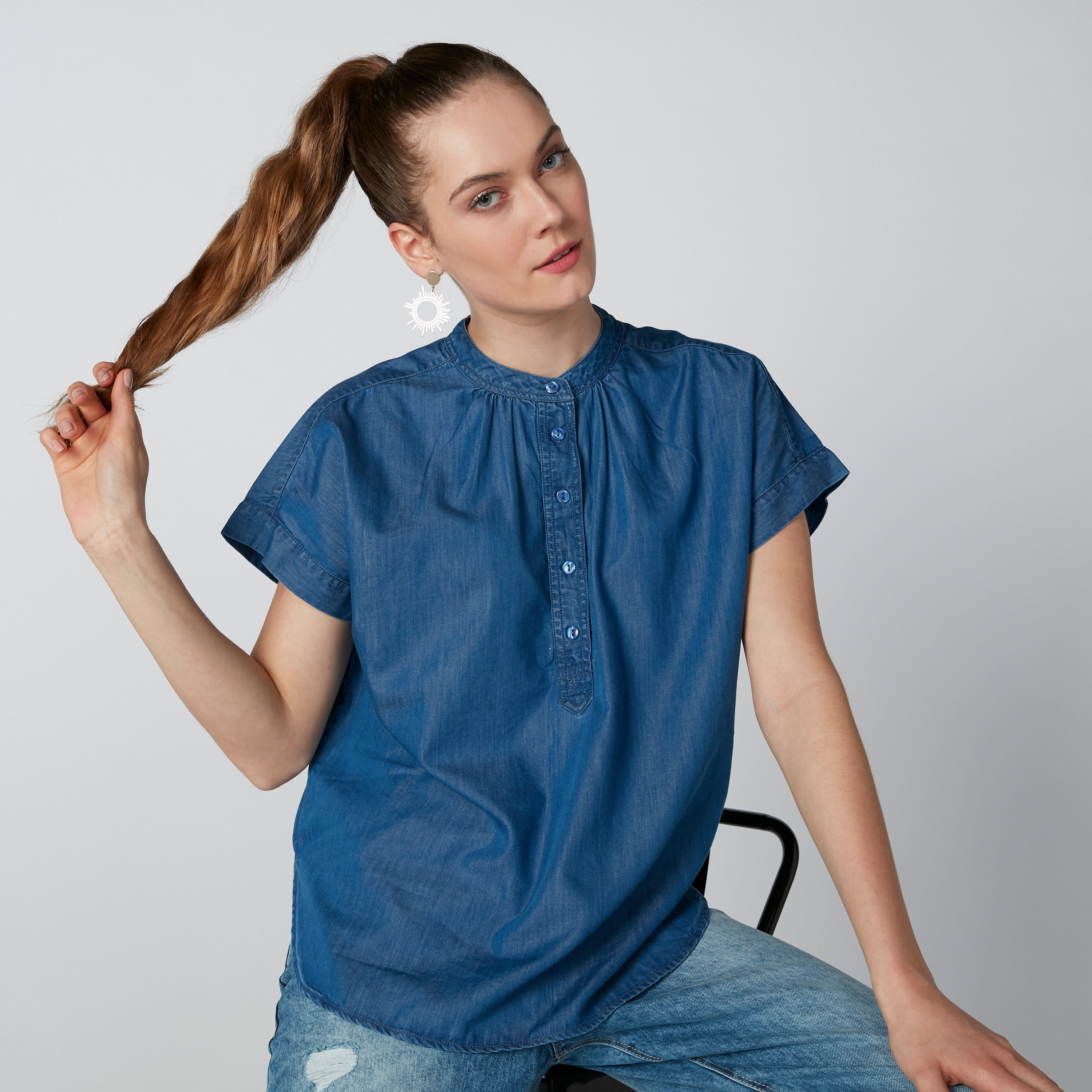 بلوزة مستدامة بياقة ماندارين وأكمام متصلة -women-clothing-shirtsandblouses-blouses-image-2