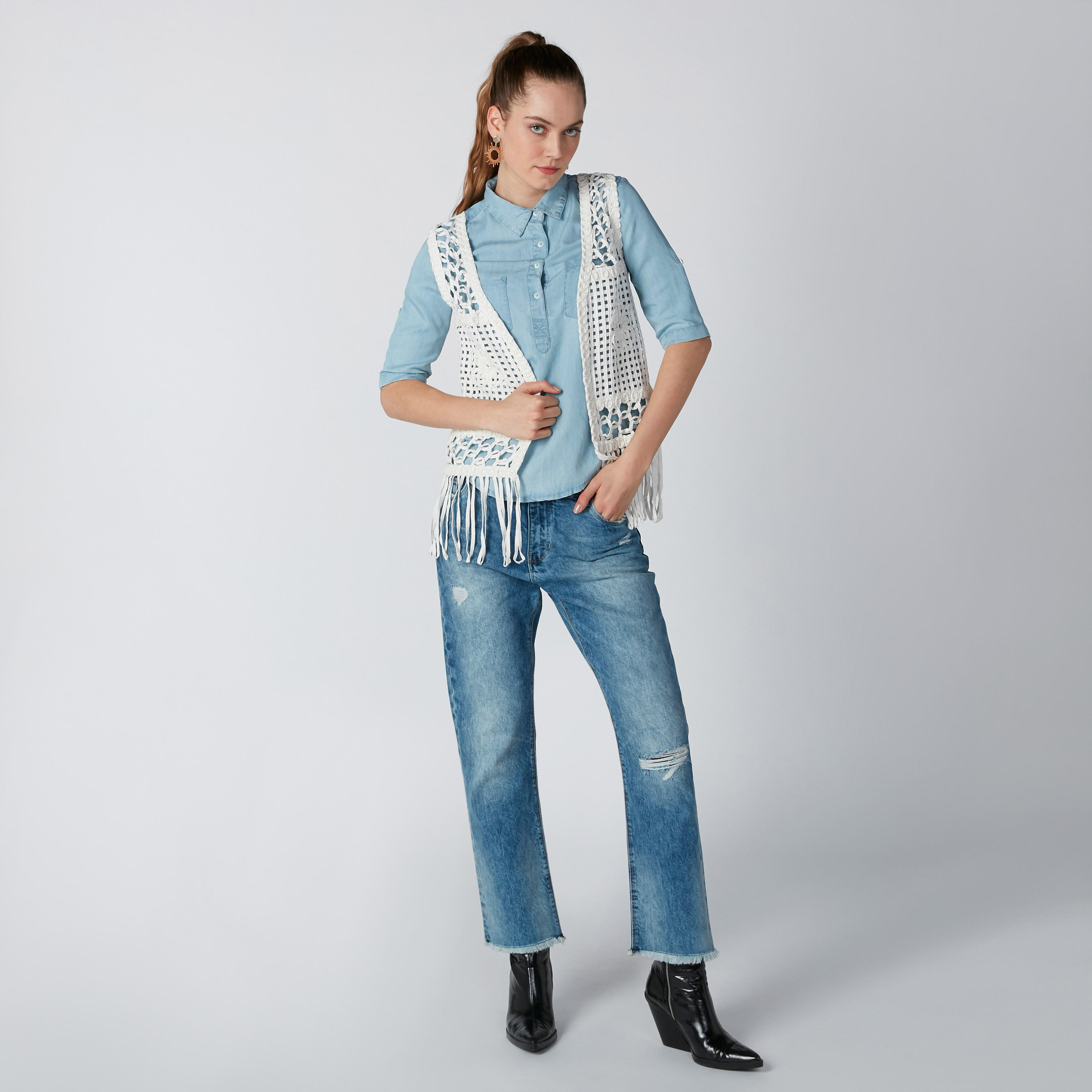 بلوزة مستدامة دينم بياقة عادية وأكمام قصيرة-women-clothing-shirtsandblouses-blouses-image-1