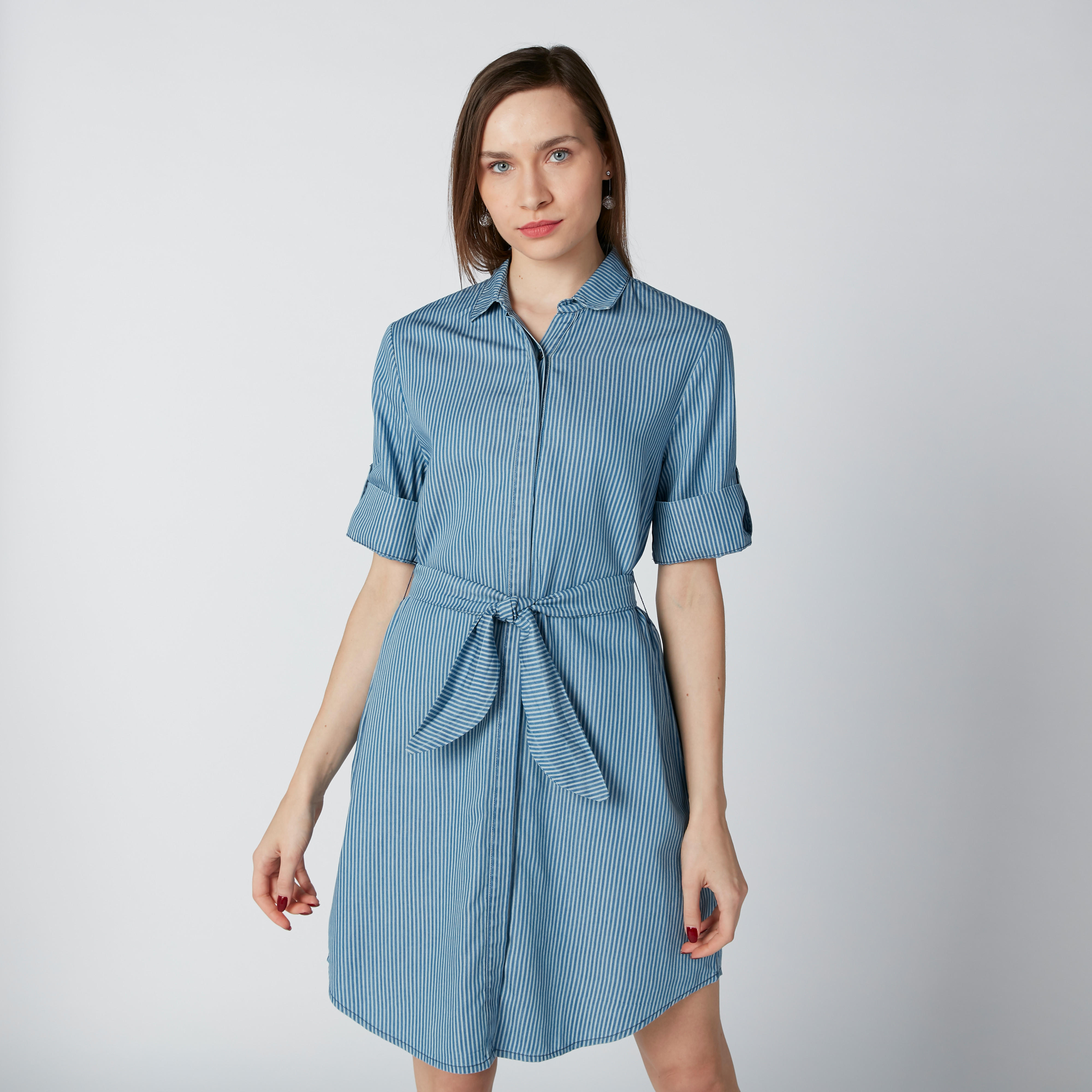 فستان قميص مستدام فضفاض مقلّم بقّصة عادية -women-clothing-dresses-image-1