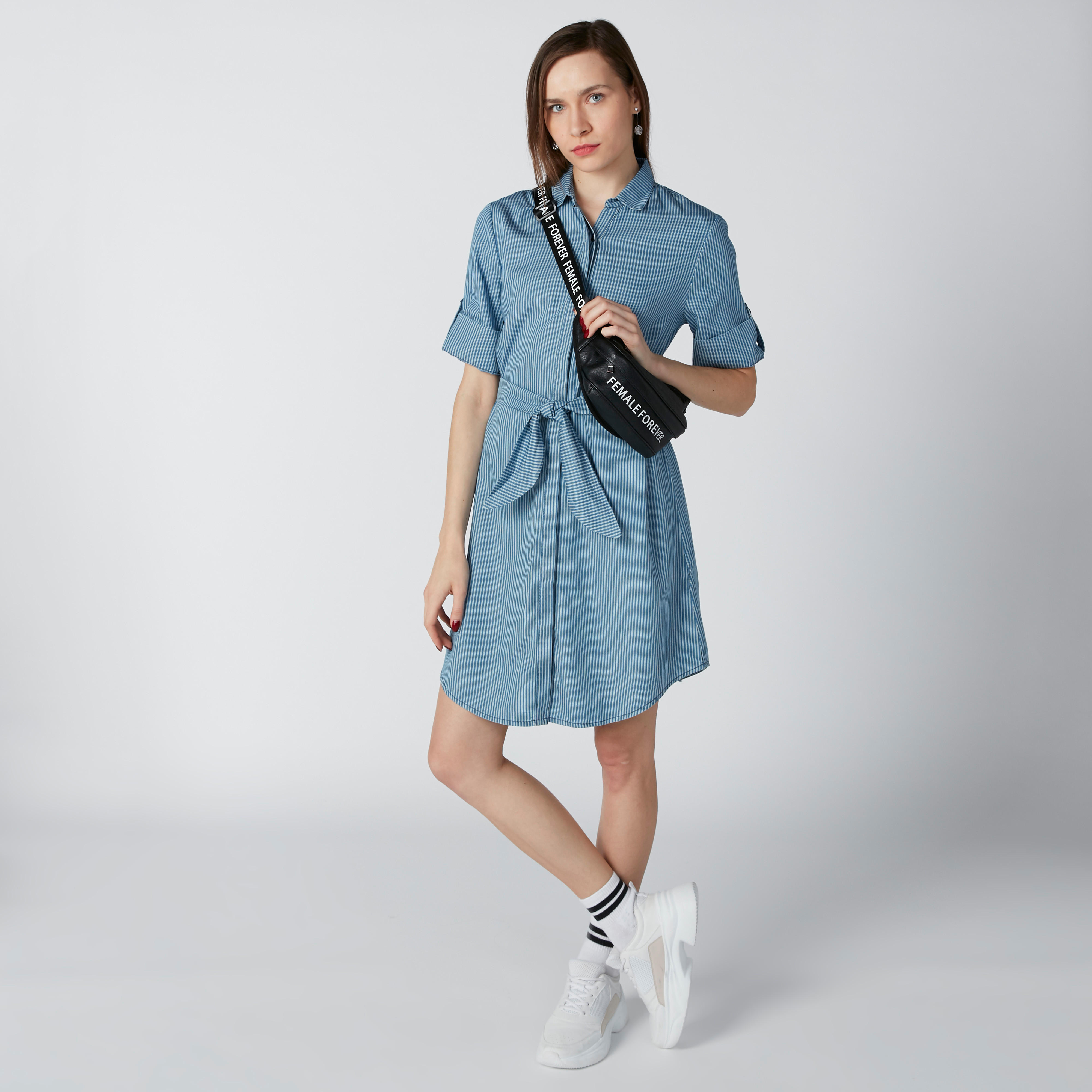 فستان قميص مستدام فضفاض مقلّم بقّصة عادية -women-clothing-dresses-image-3