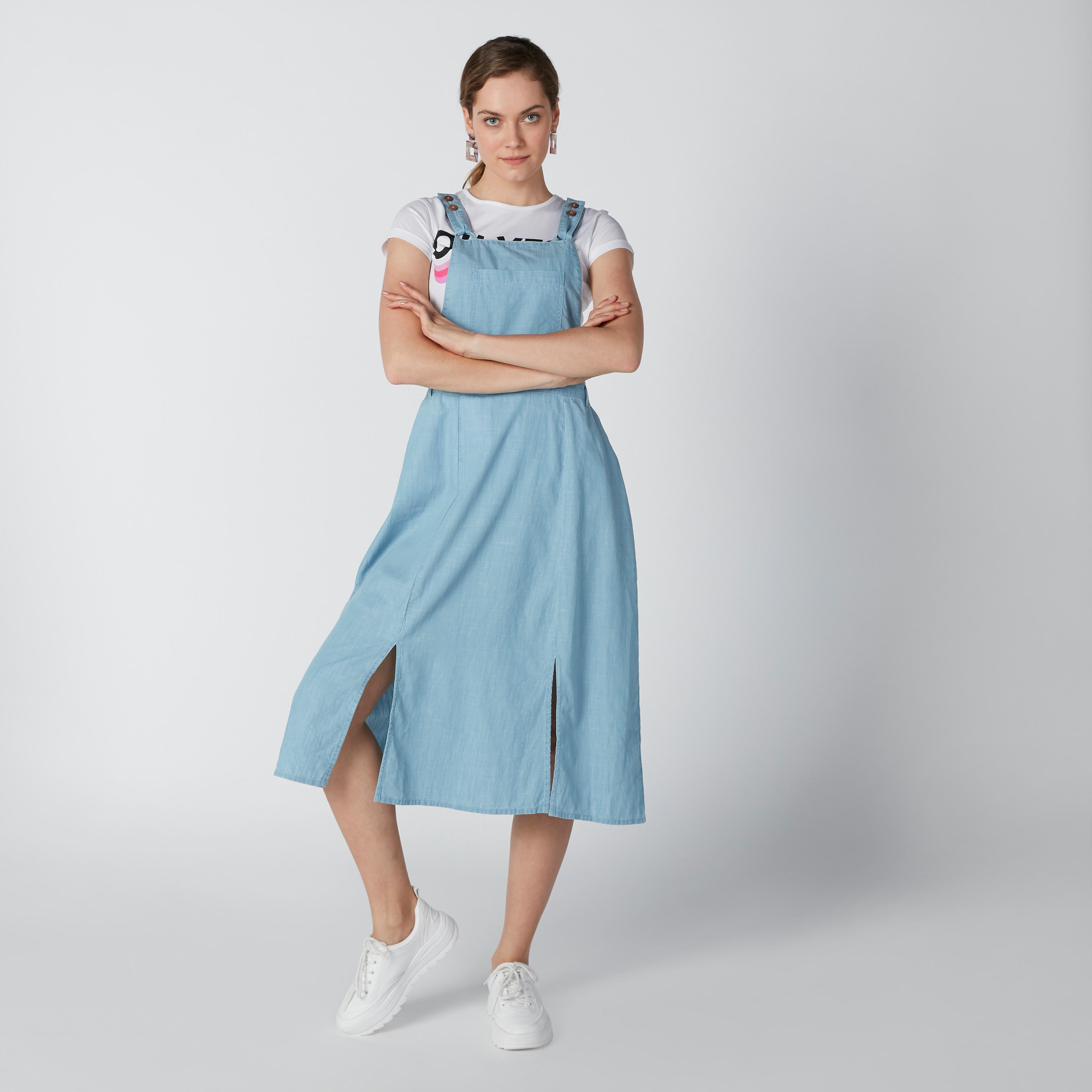 Sustainable Midi Denim Pinafore with Pocket Detail and Slits-women-clothing-dresses-image-1