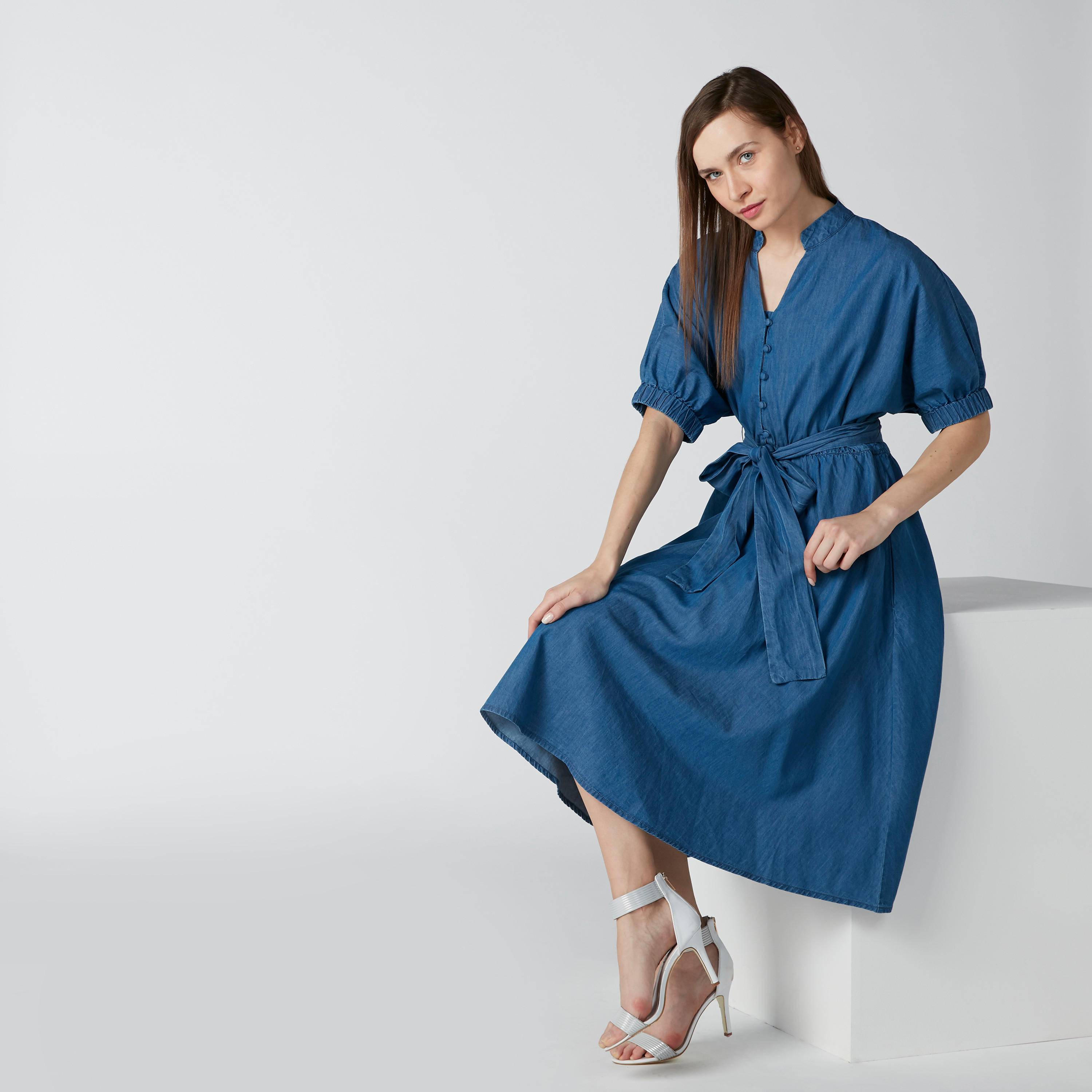 فستان مستدام دينم واسع بياقة عادية وأربطة-women-clothing-dresses-image-1