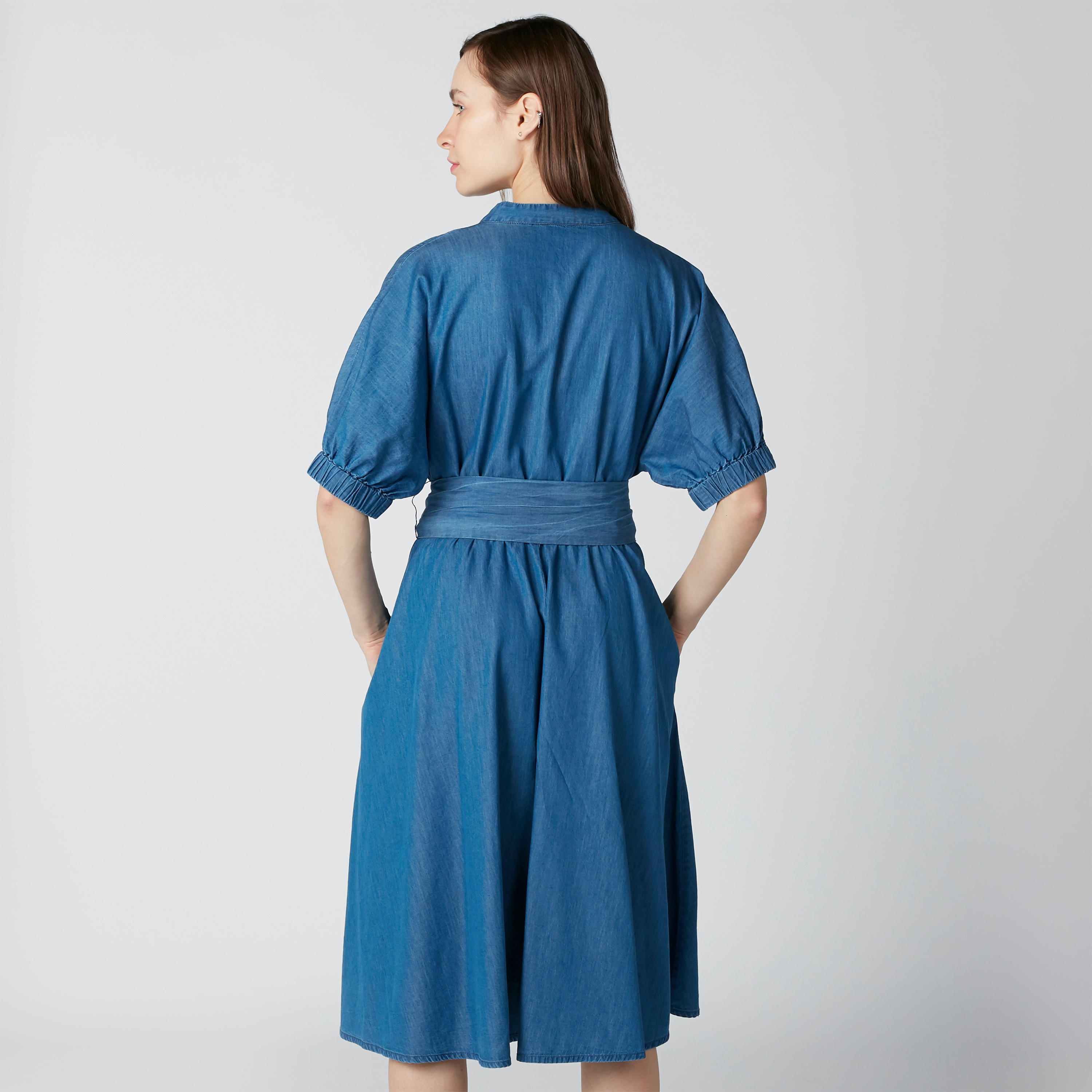 فستان مستدام دينم واسع بياقة عادية وأربطة-women-clothing-dresses-image-2