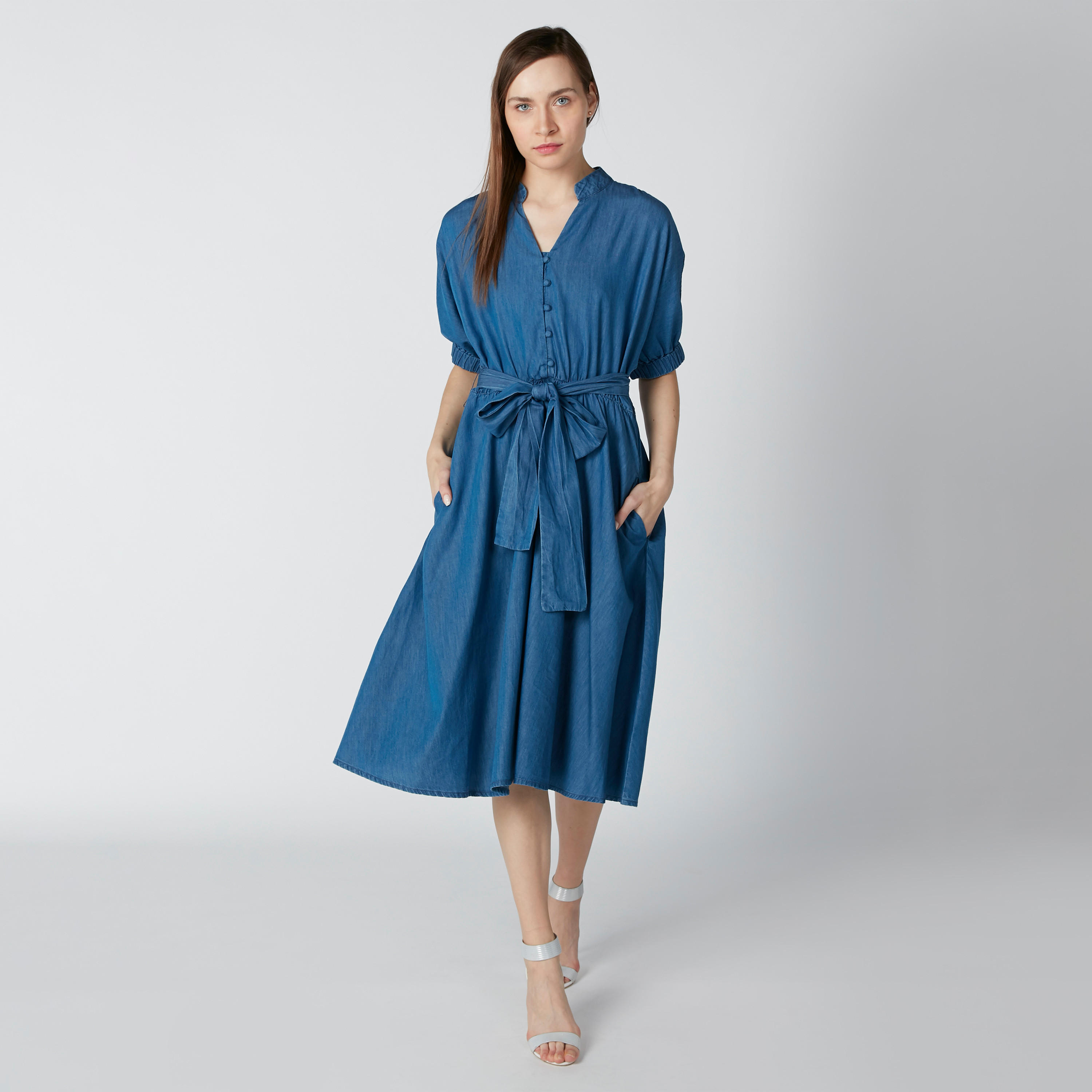 فستان مستدام دينم واسع بياقة عادية وأربطة-women-clothing-dresses-image-3