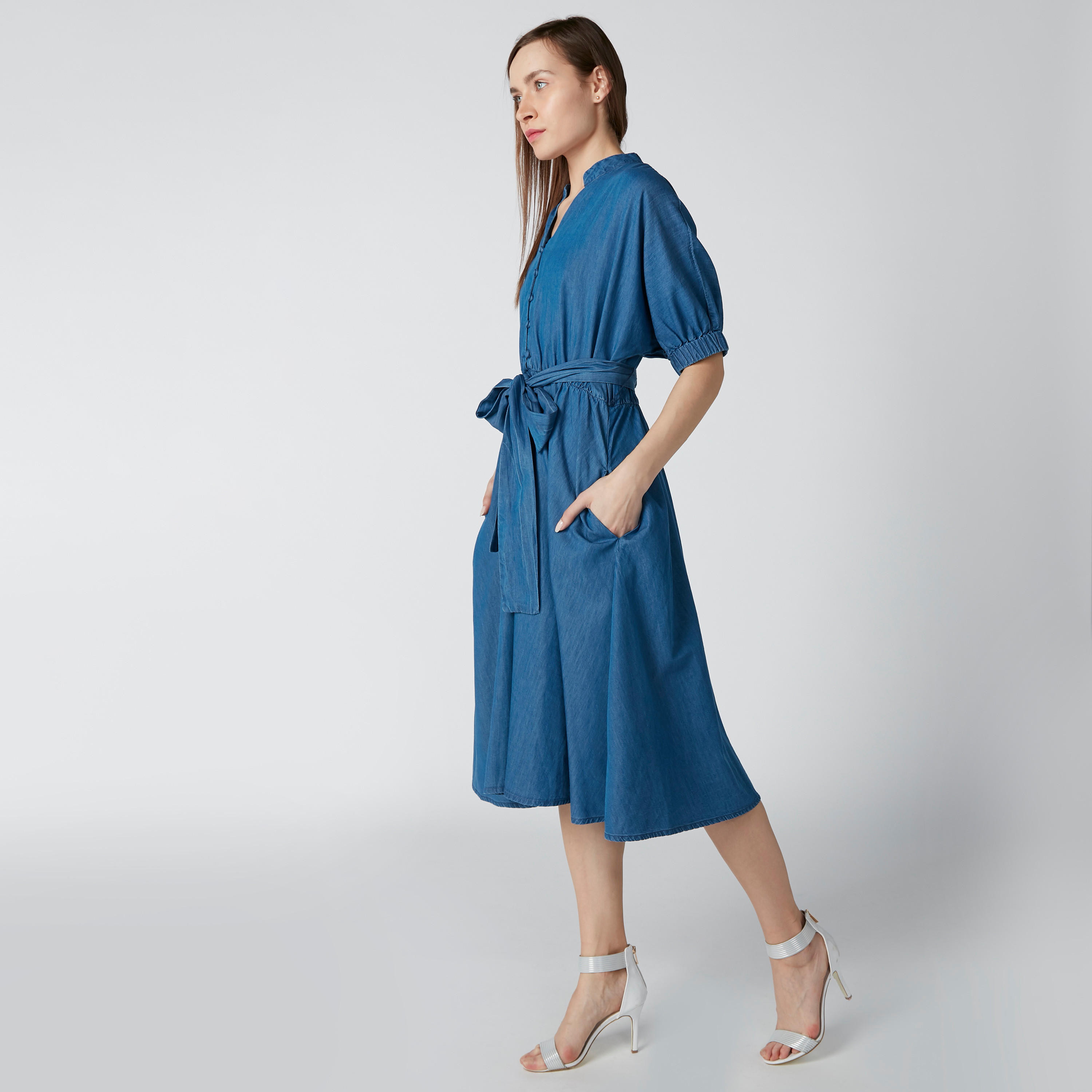فستان مستدام دينم واسع بياقة عادية وأربطة-women-clothing-dresses-image-4