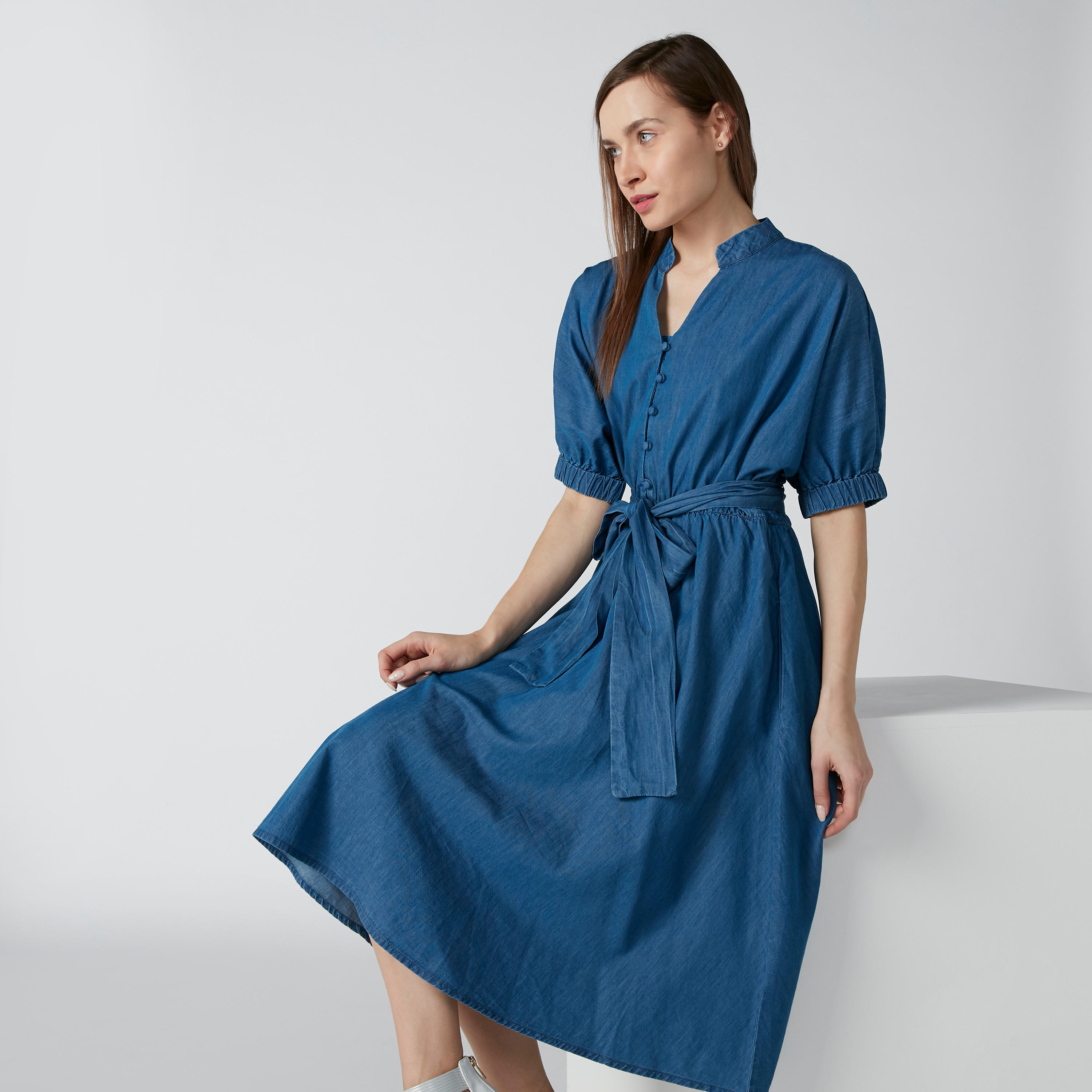 فستان مستدام دينم واسع بياقة عادية وأربطة-women-clothing-dresses-image-5