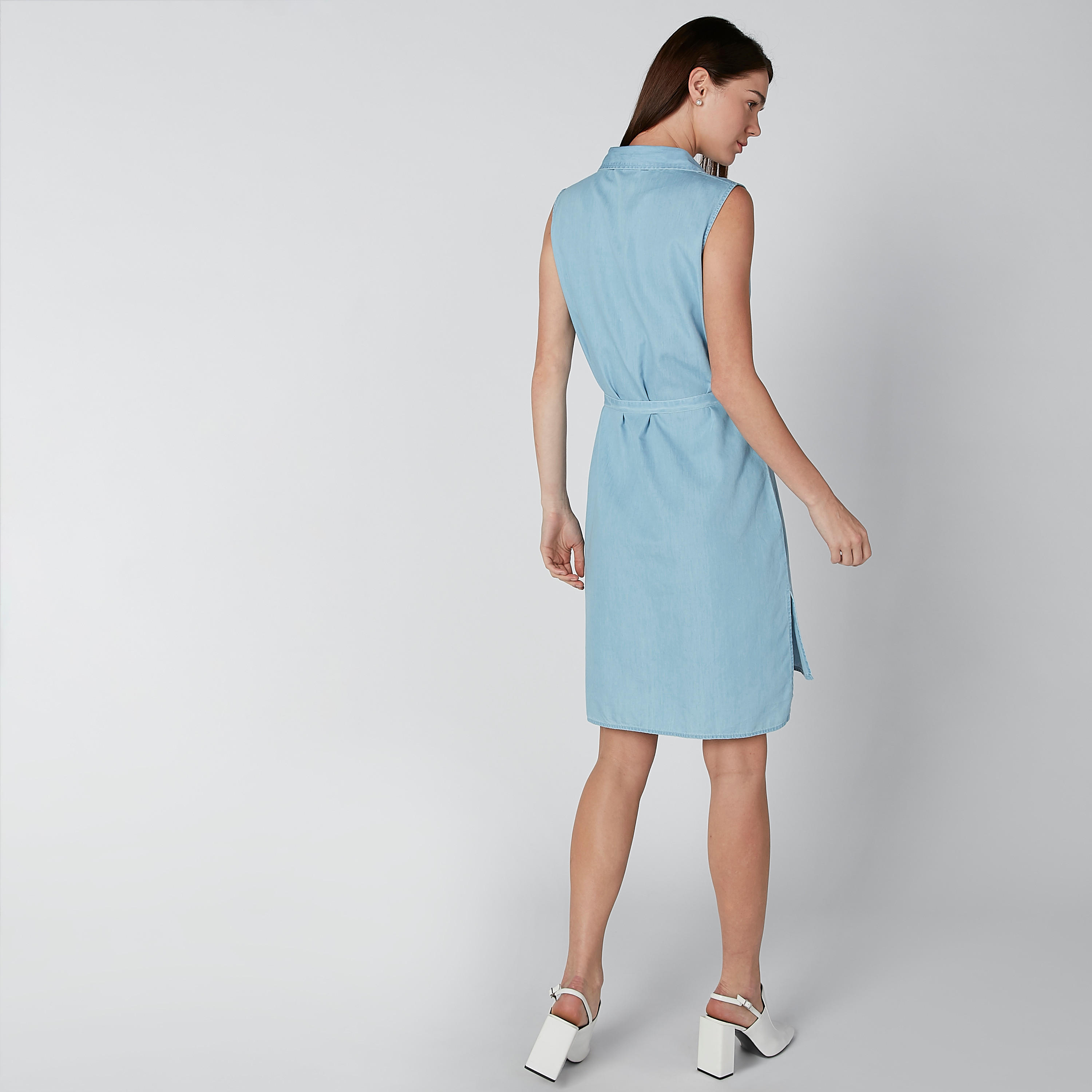 فستان قميص دينم متوسط الطول بحزام رباط-women-clothing-dresses-image-2