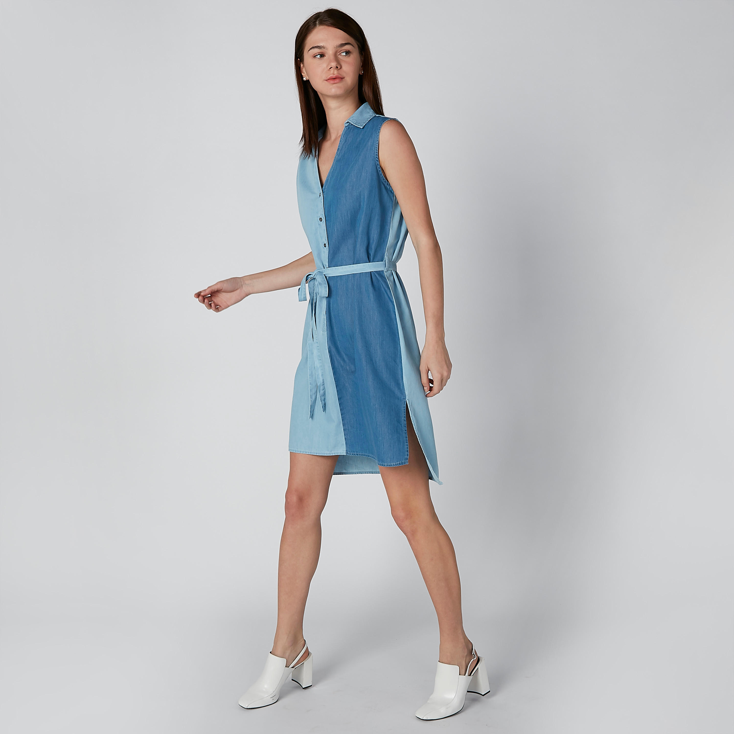 فستان قميص دينم متوسط الطول بحزام رباط-women-clothing-dresses-image-3