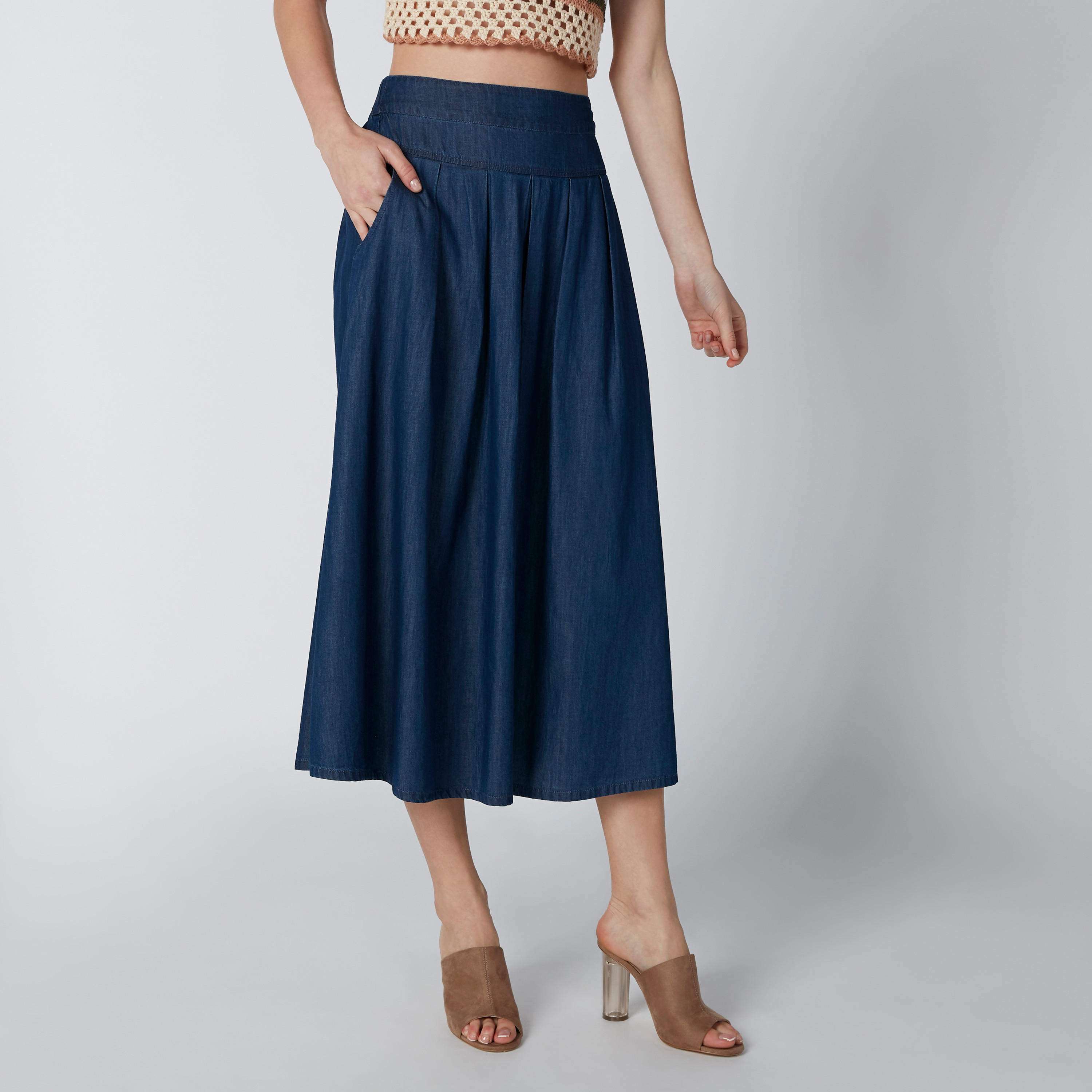 تنورة سادة إيه لاين متوسطة الطول بخصر مطّاطي وجيوب-women-clothing-bottoms-skirts-image-1