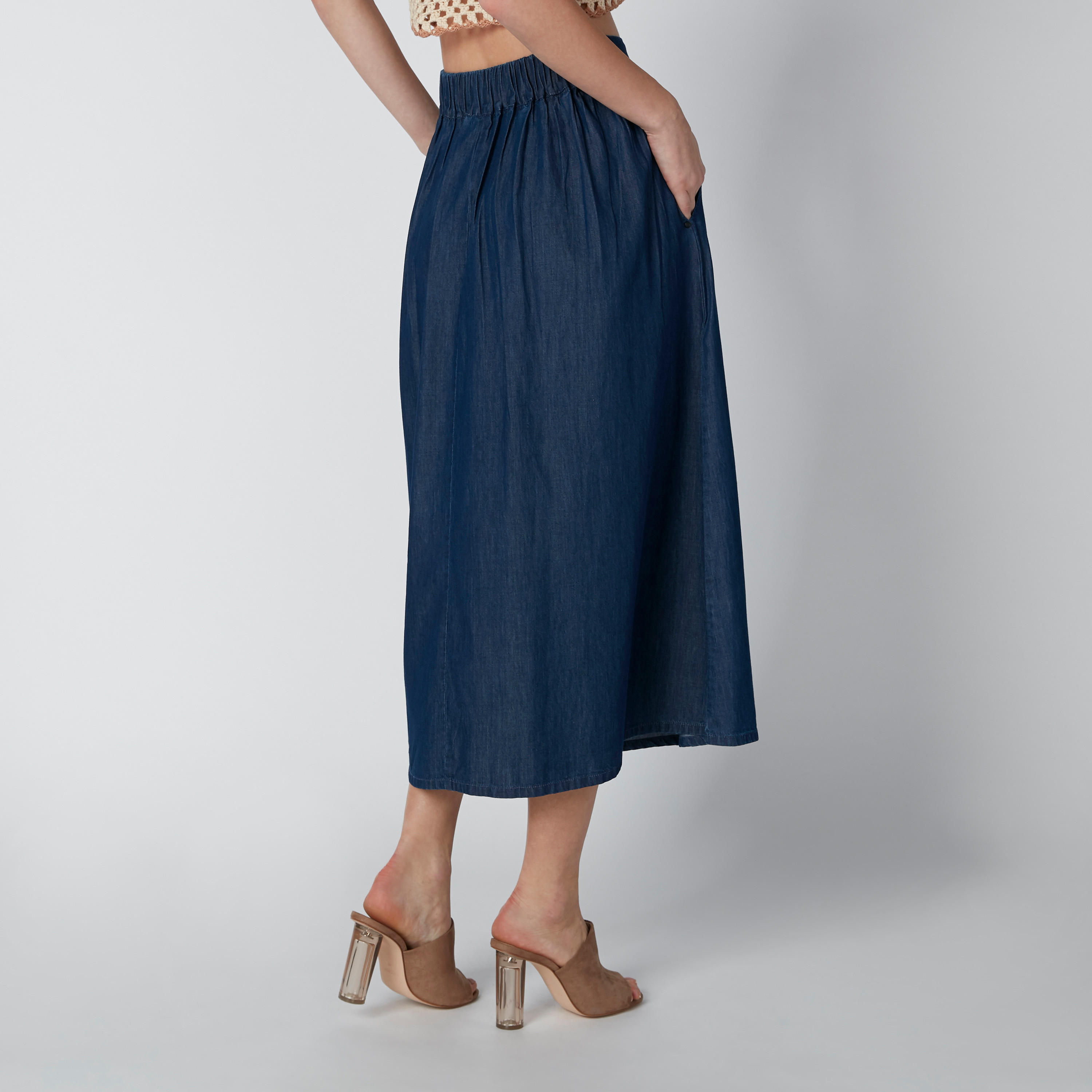 تنورة سادة إيه لاين متوسطة الطول بخصر مطّاطي وجيوب-women-clothing-bottoms-skirts-image-2