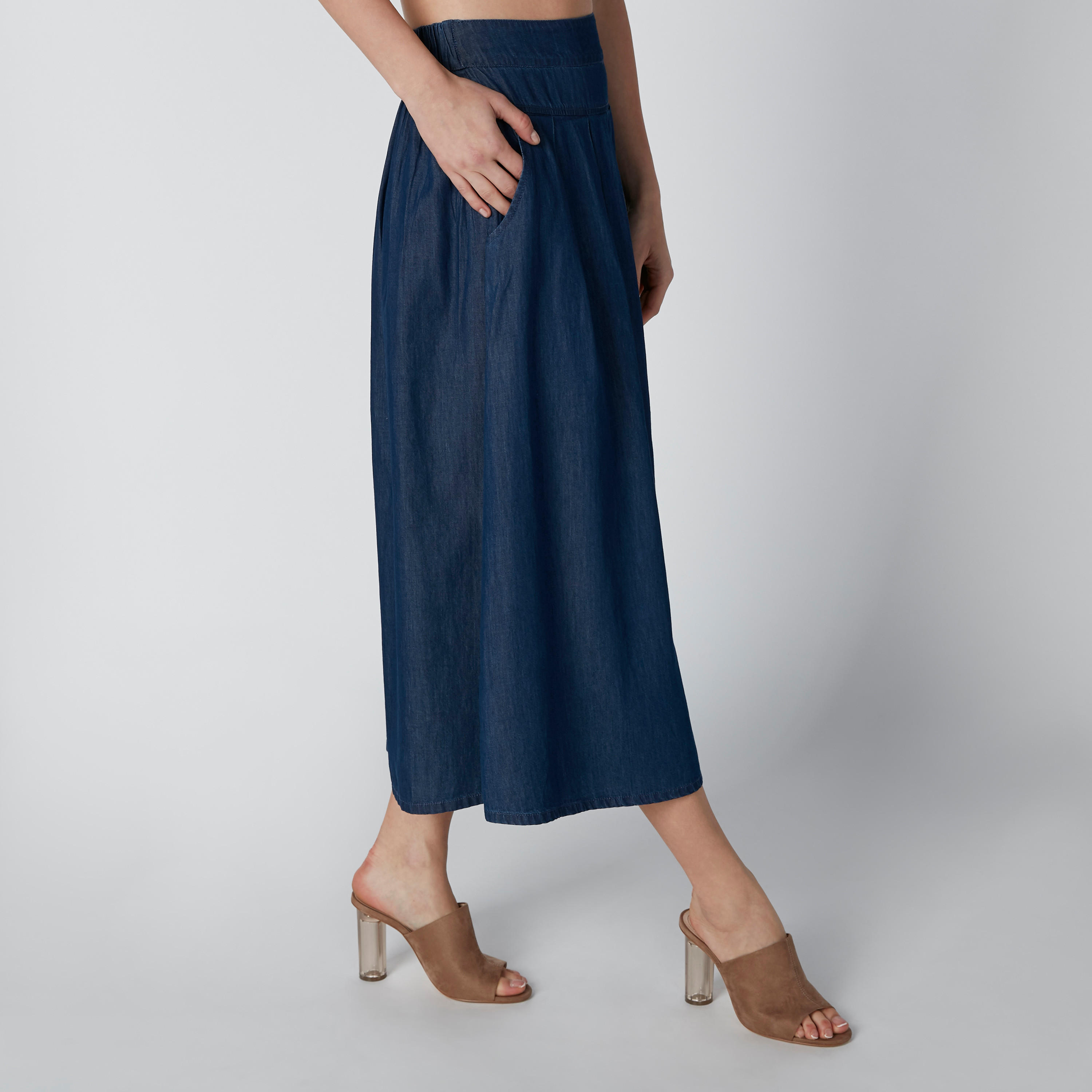 تنورة سادة إيه لاين متوسطة الطول بخصر مطّاطي وجيوب-women-clothing-bottoms-skirts-image-3
