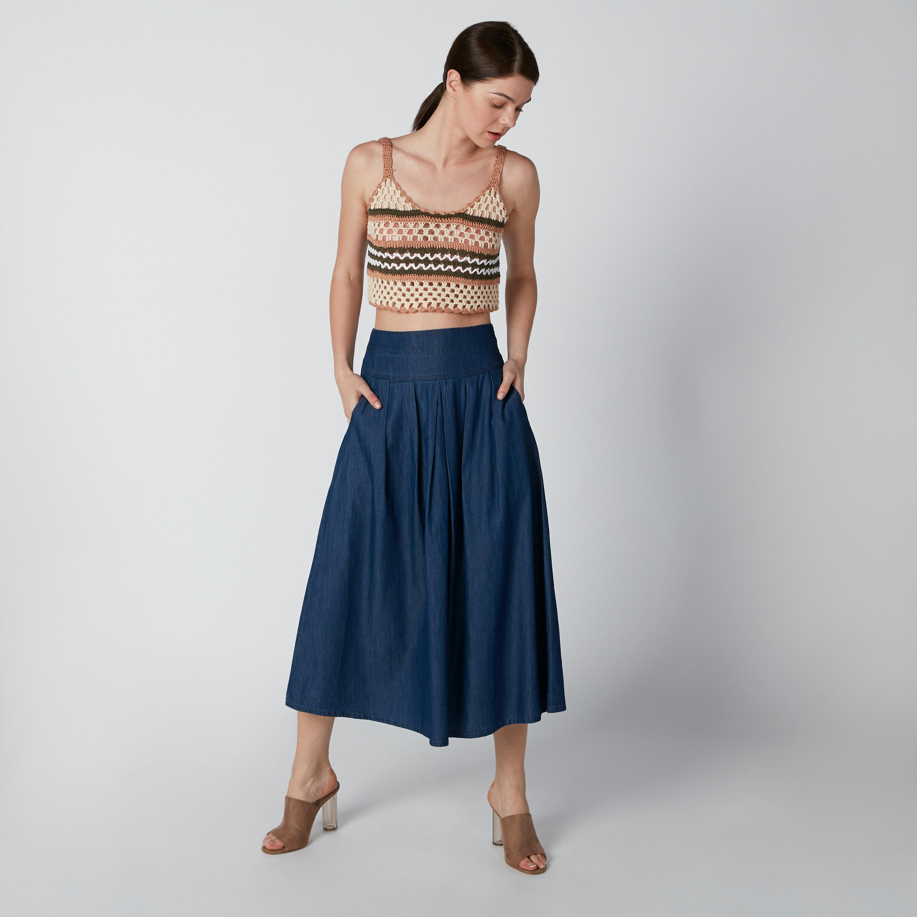 تنورة سادة إيه لاين متوسطة الطول بخصر مطّاطي وجيوب-women-clothing-bottoms-skirts-image-4