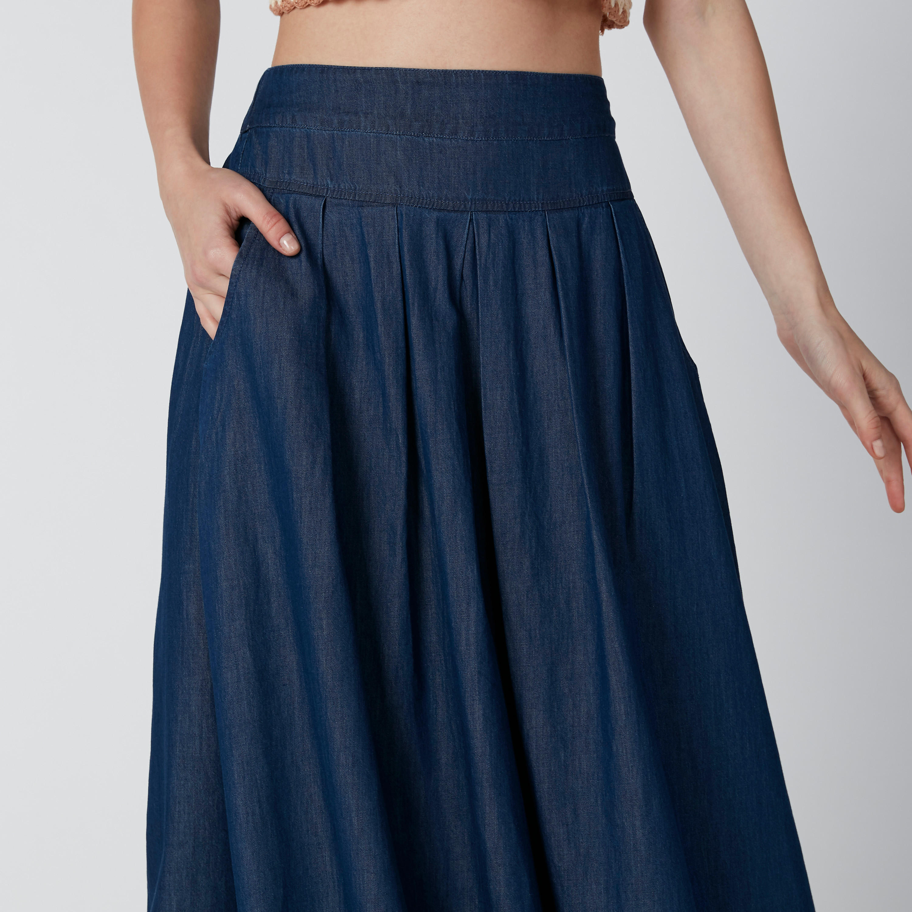 تنورة سادة إيه لاين متوسطة الطول بخصر مطّاطي وجيوب-women-clothing-bottoms-skirts-image-5