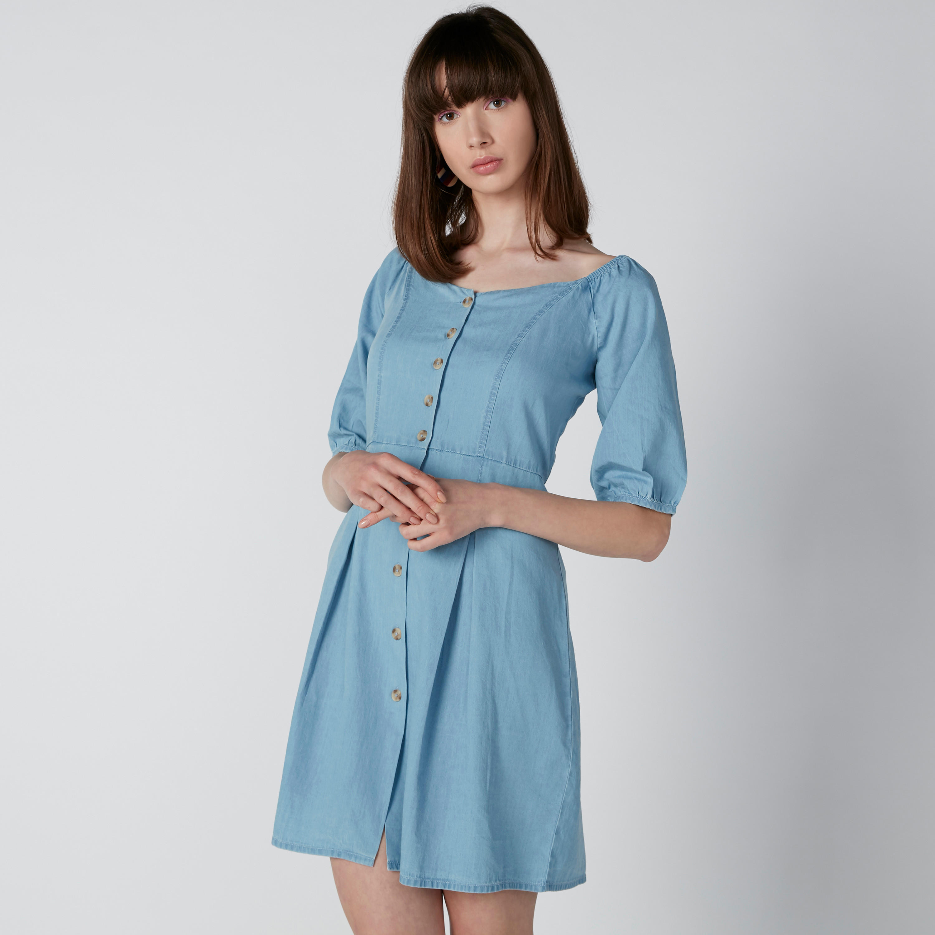فستان قميص دينم بأكمام قصيرة-women-clothing-dresses-image-1