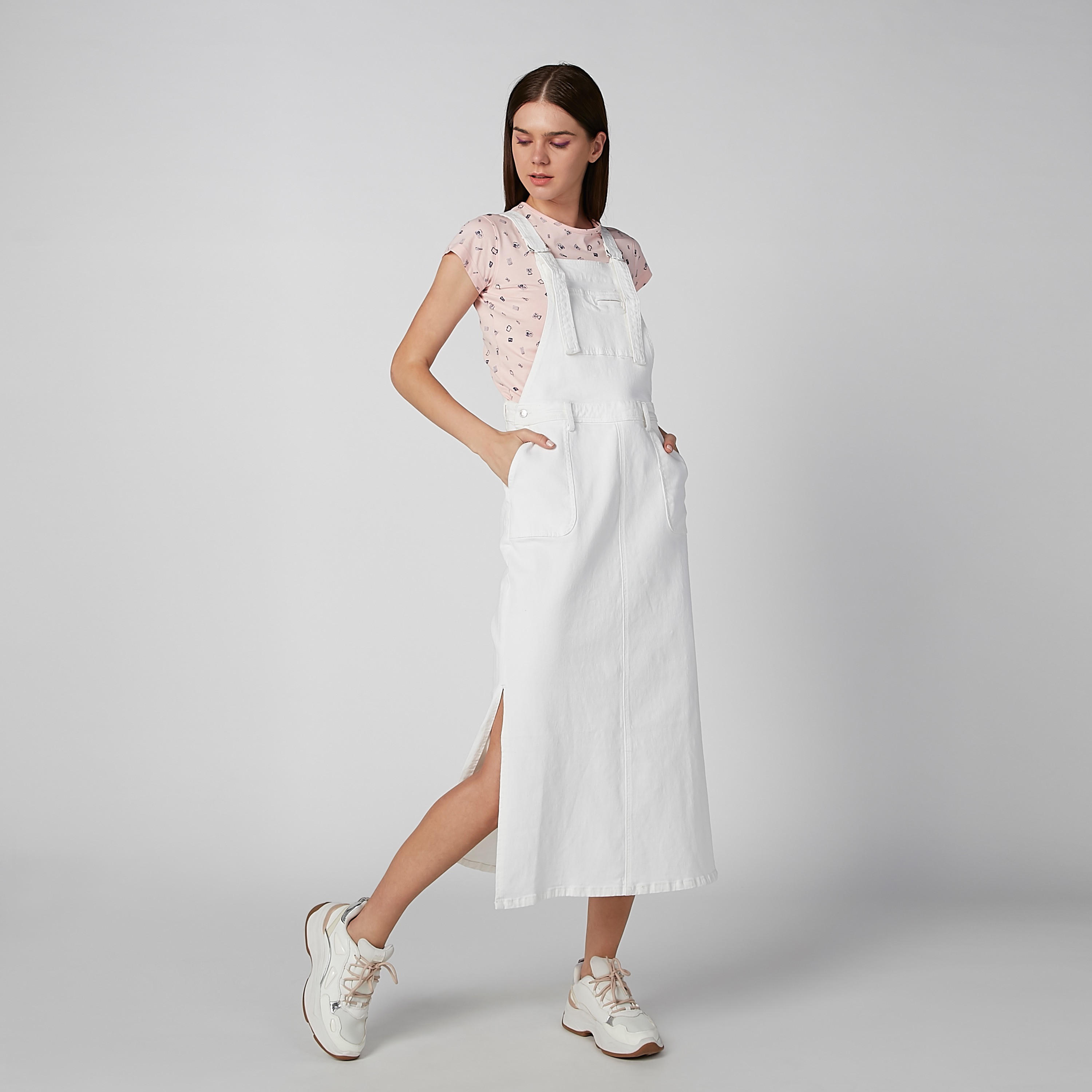 فستان مريلة سادة بجيوب وفتحات جانبية-women-clothing-dresses-image-1