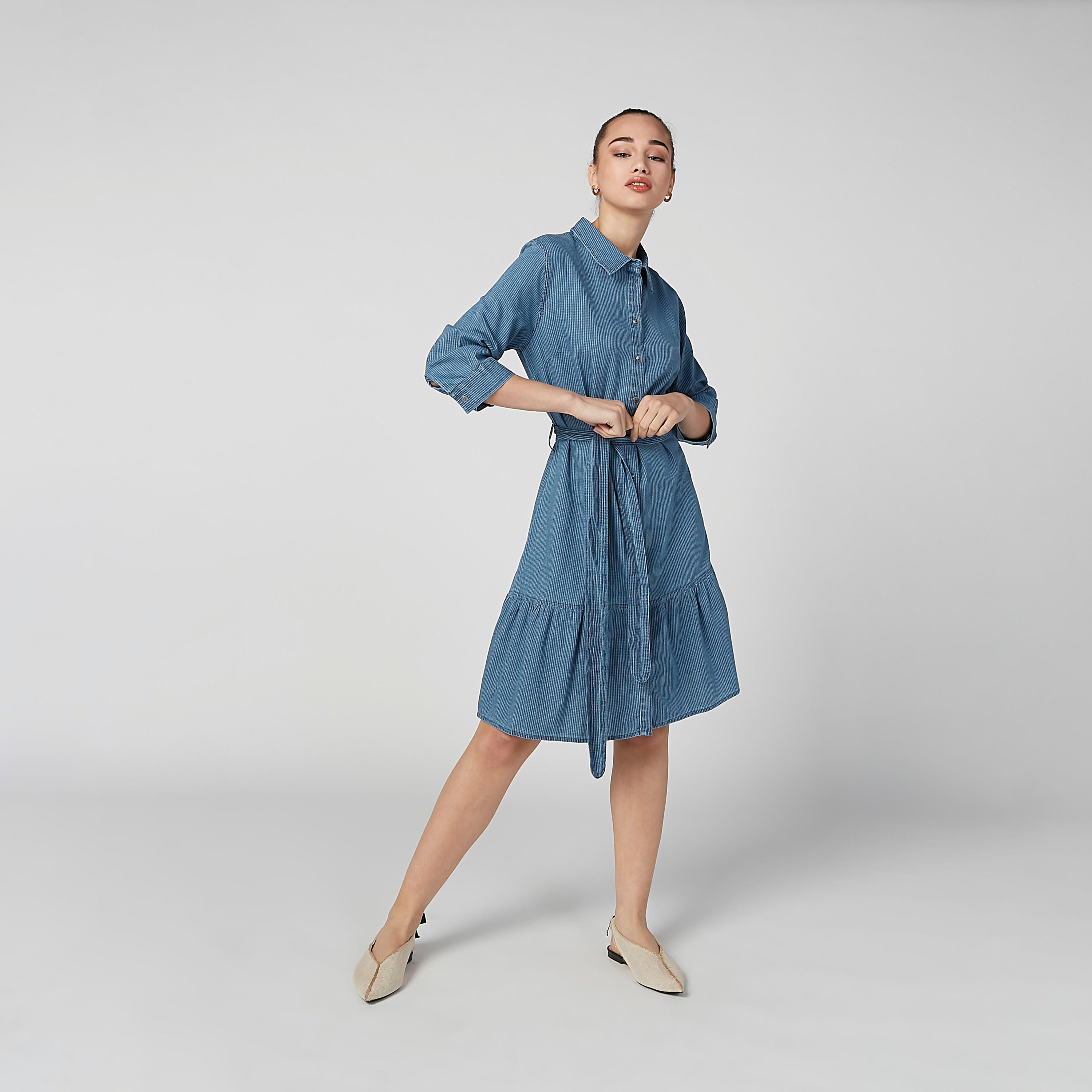 فستان قميص مقلّم متوسط الطول بأكمام 3/4-women-clothing-dresses-image-1