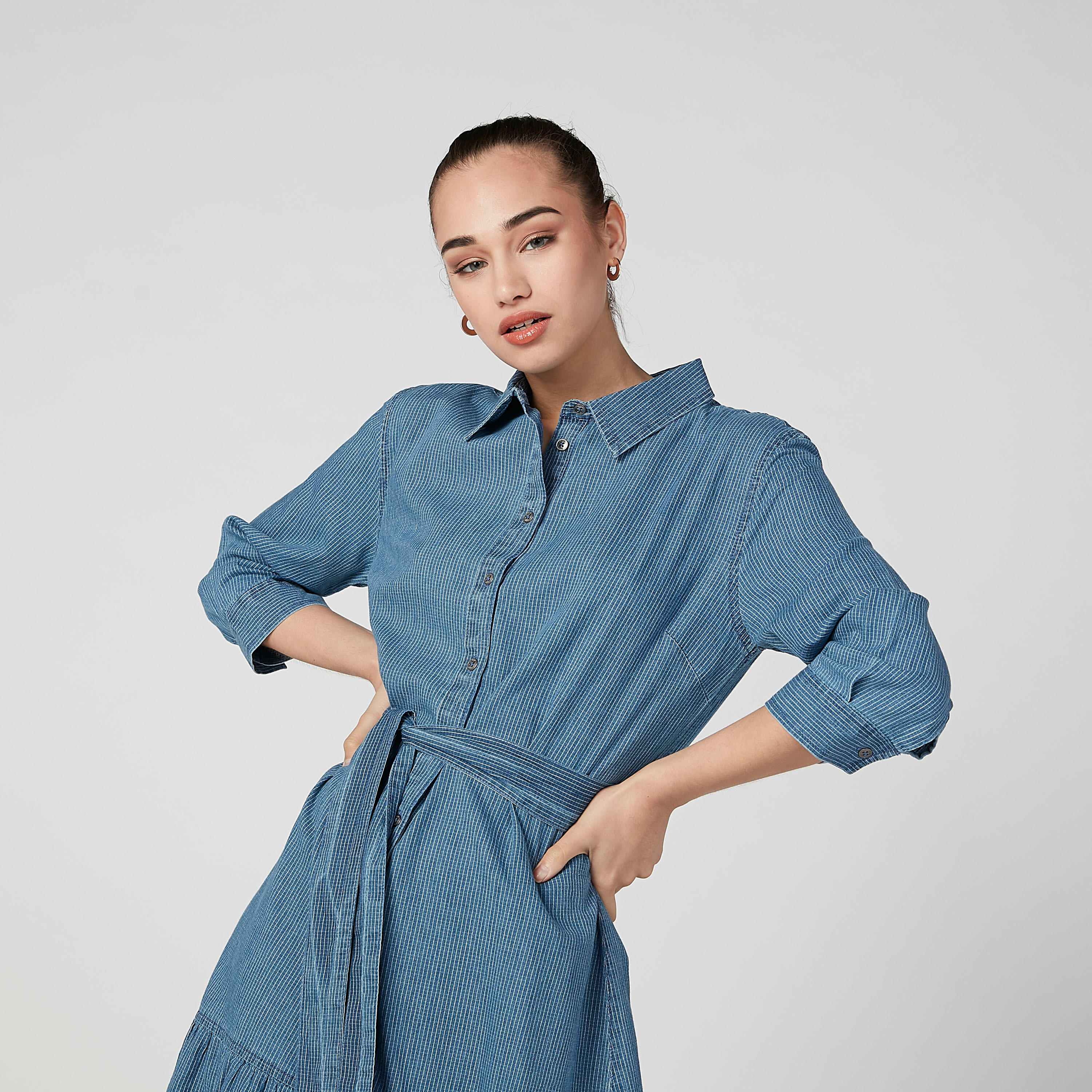 فستان قميص مقلّم متوسط الطول بأكمام 3/4-women-clothing-dresses-image-3