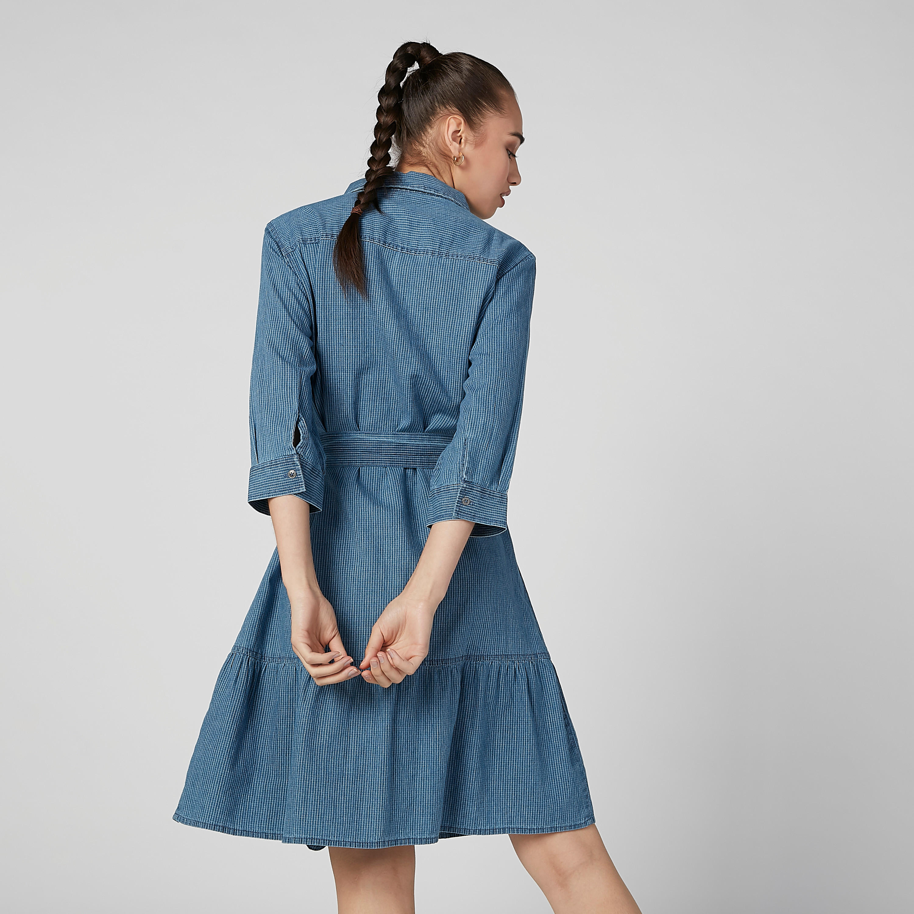 فستان قميص مقلّم متوسط الطول بأكمام 3/4-women-clothing-dresses-image-4