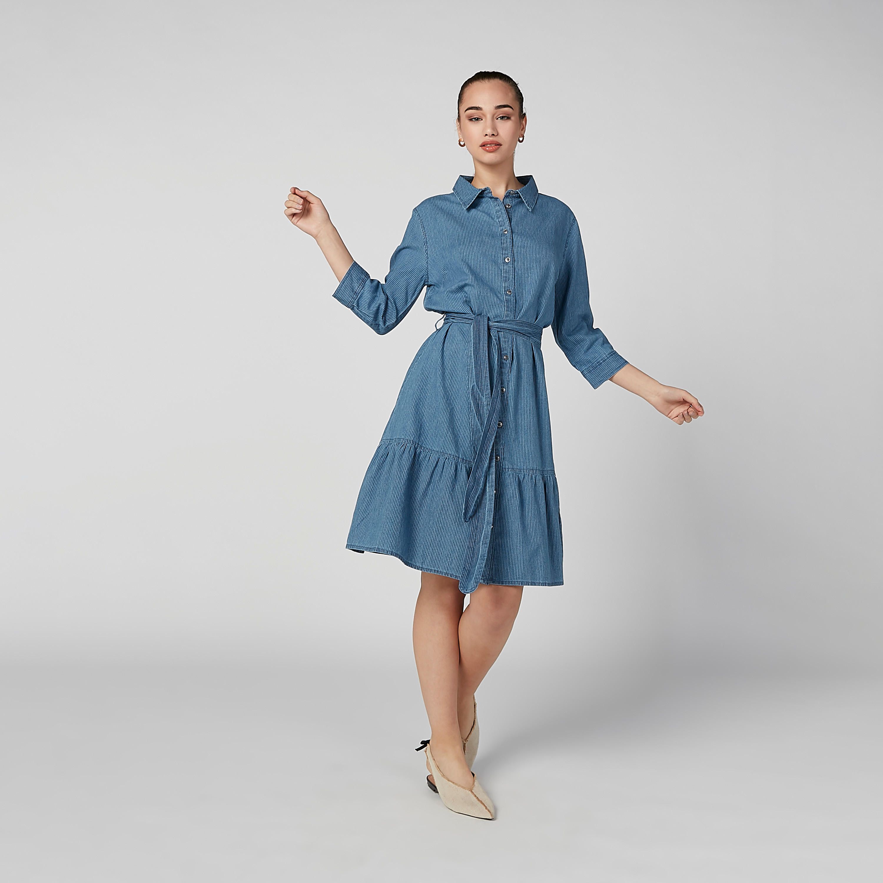 فستان قميص مقلّم متوسط الطول بأكمام 3/4-women-clothing-dresses-image-5