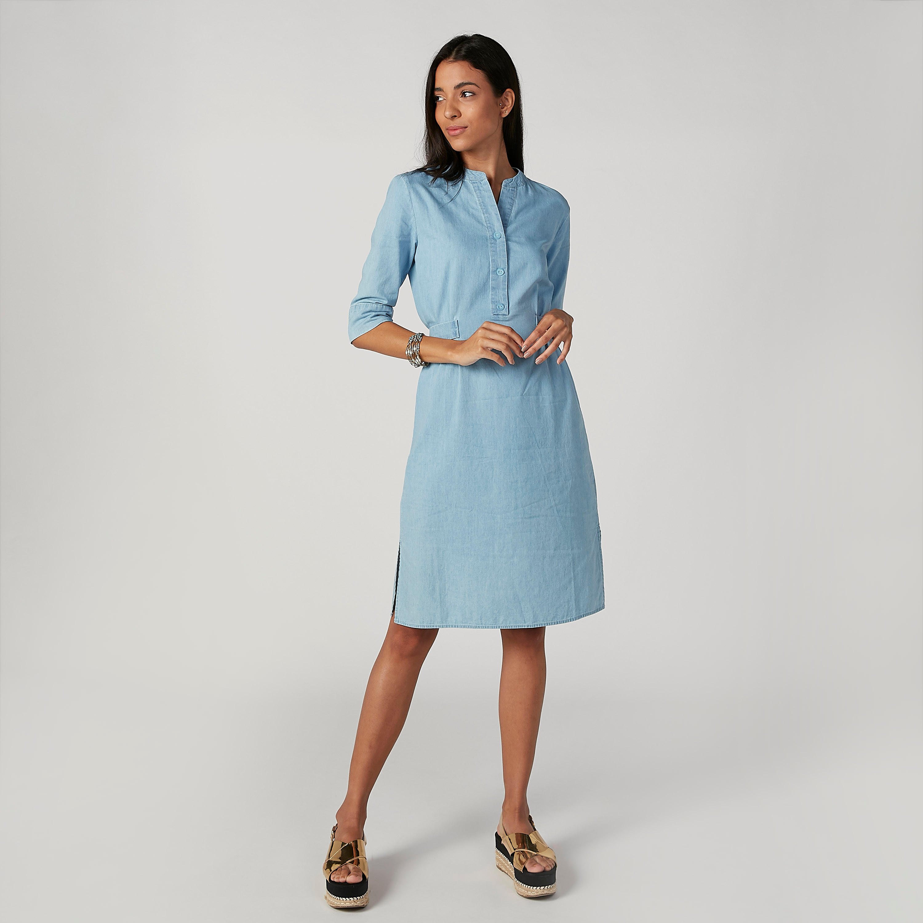 فستان جينز ميدي إيه لاين بياقة V وأكمام 3/4-women-clothing-dresses-image-1