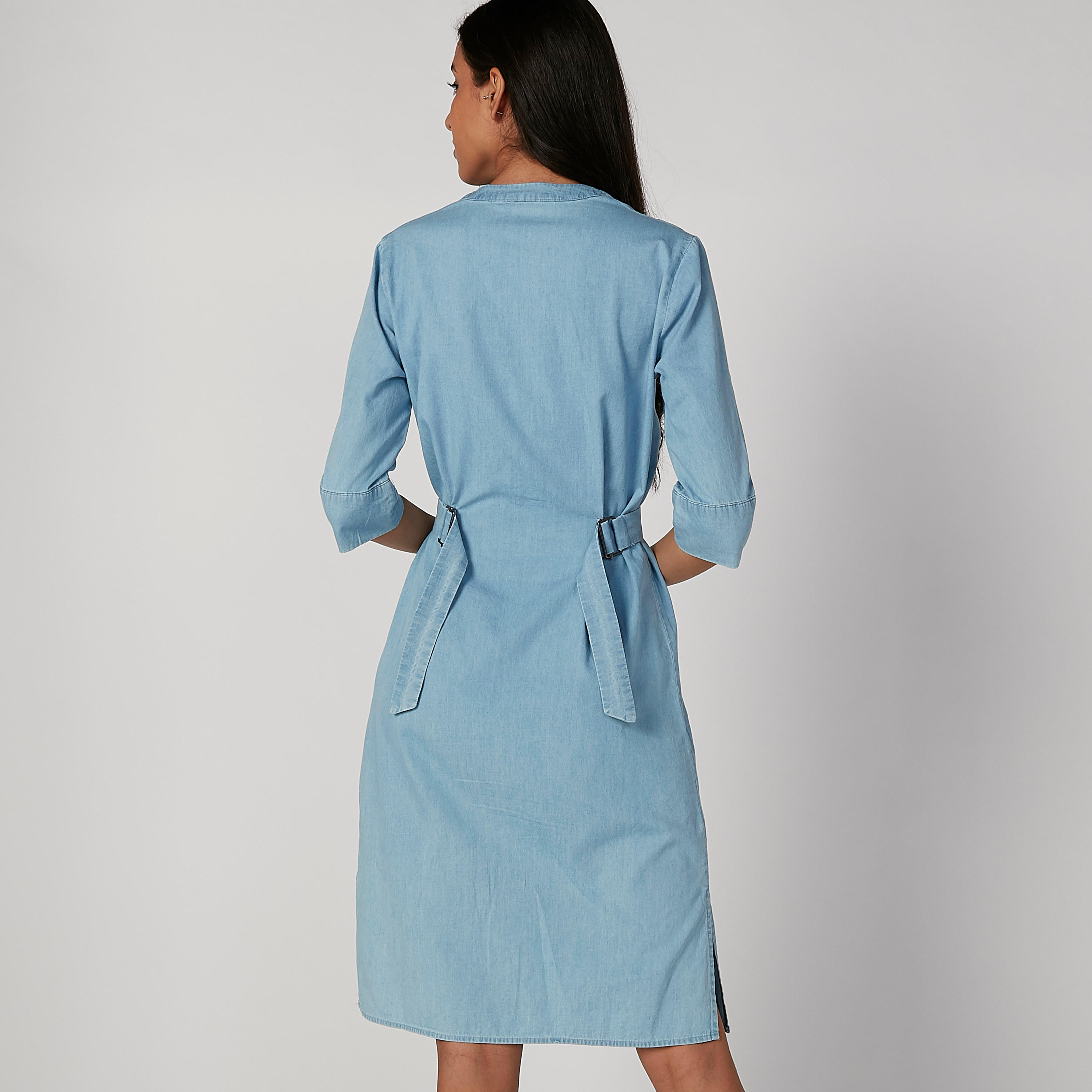 فستان جينز ميدي إيه لاين بياقة V وأكمام 3/4-women-clothing-dresses-image-2