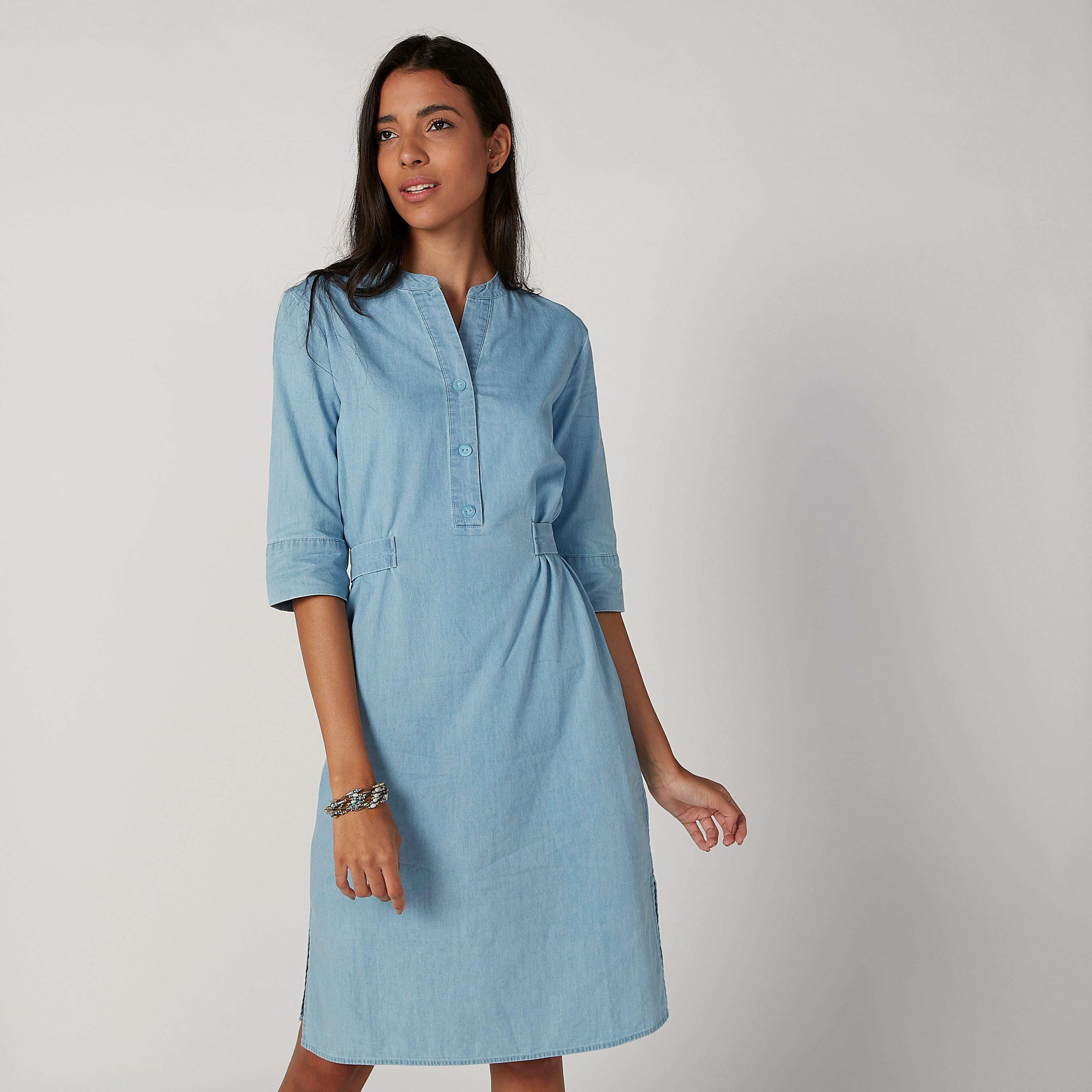 فستان جينز ميدي إيه لاين بياقة V وأكمام 3/4-women-clothing-dresses-image-3