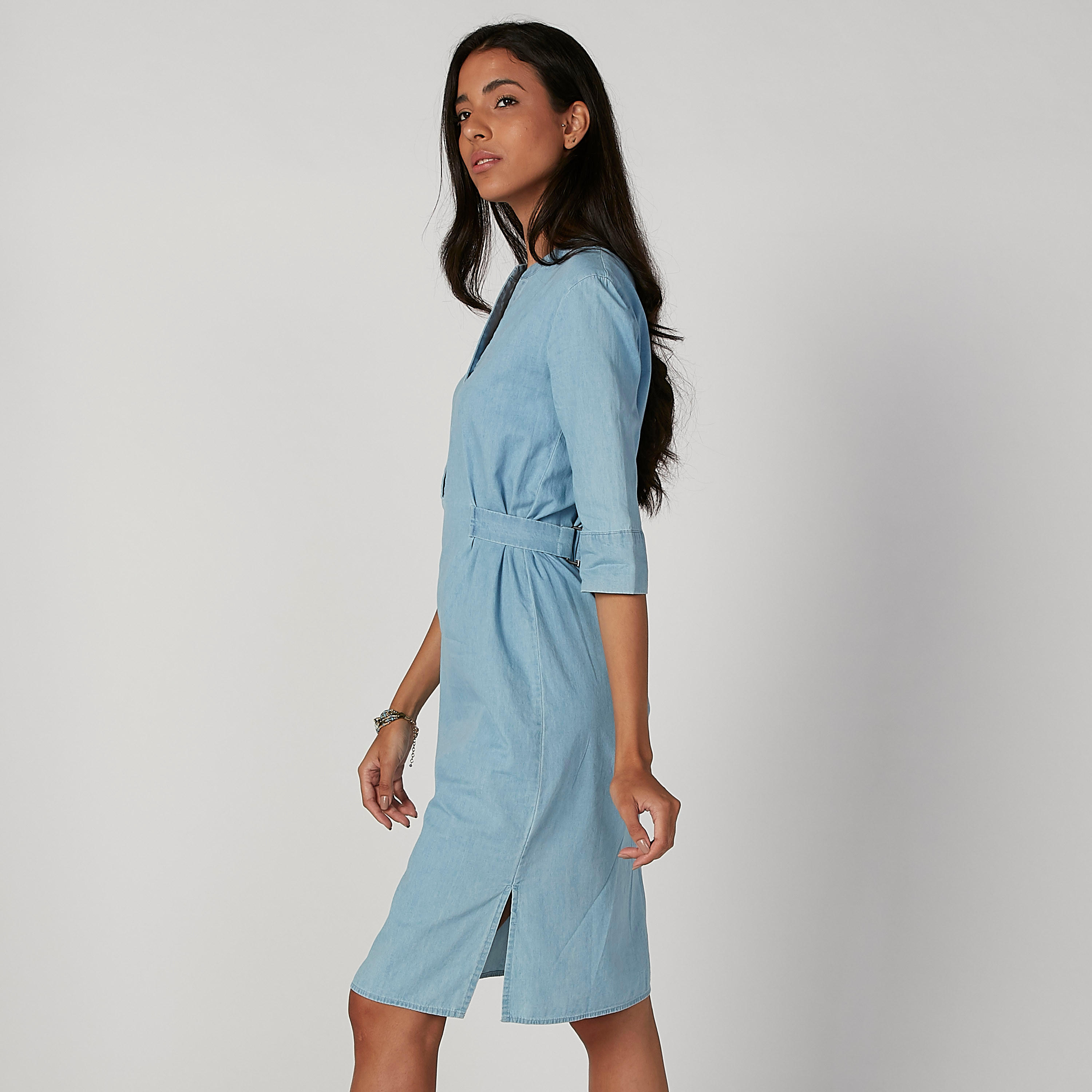 فستان جينز ميدي إيه لاين بياقة V وأكمام 3/4-women-clothing-dresses-image-4