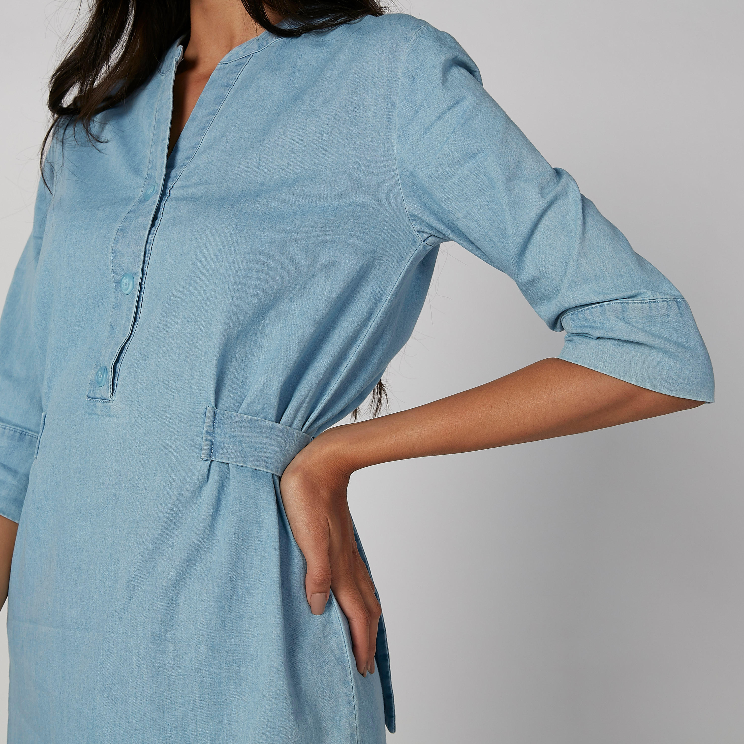 فستان جينز ميدي إيه لاين بياقة V وأكمام 3/4-women-clothing-dresses-image-5