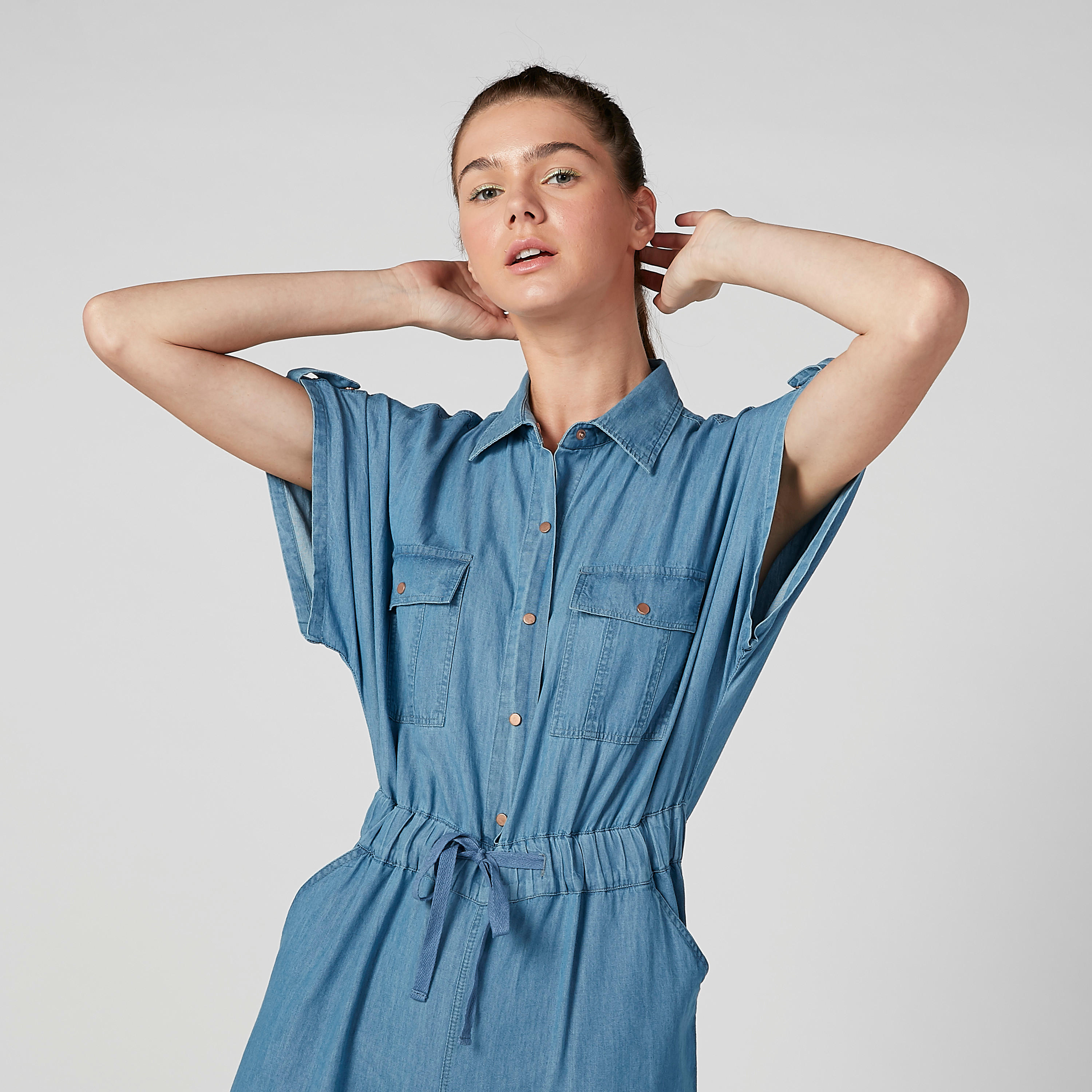 أفرول مستدام دينم سكيني بأكمام متصلة وجيوب -women-clothing-jumpsuits-image-5