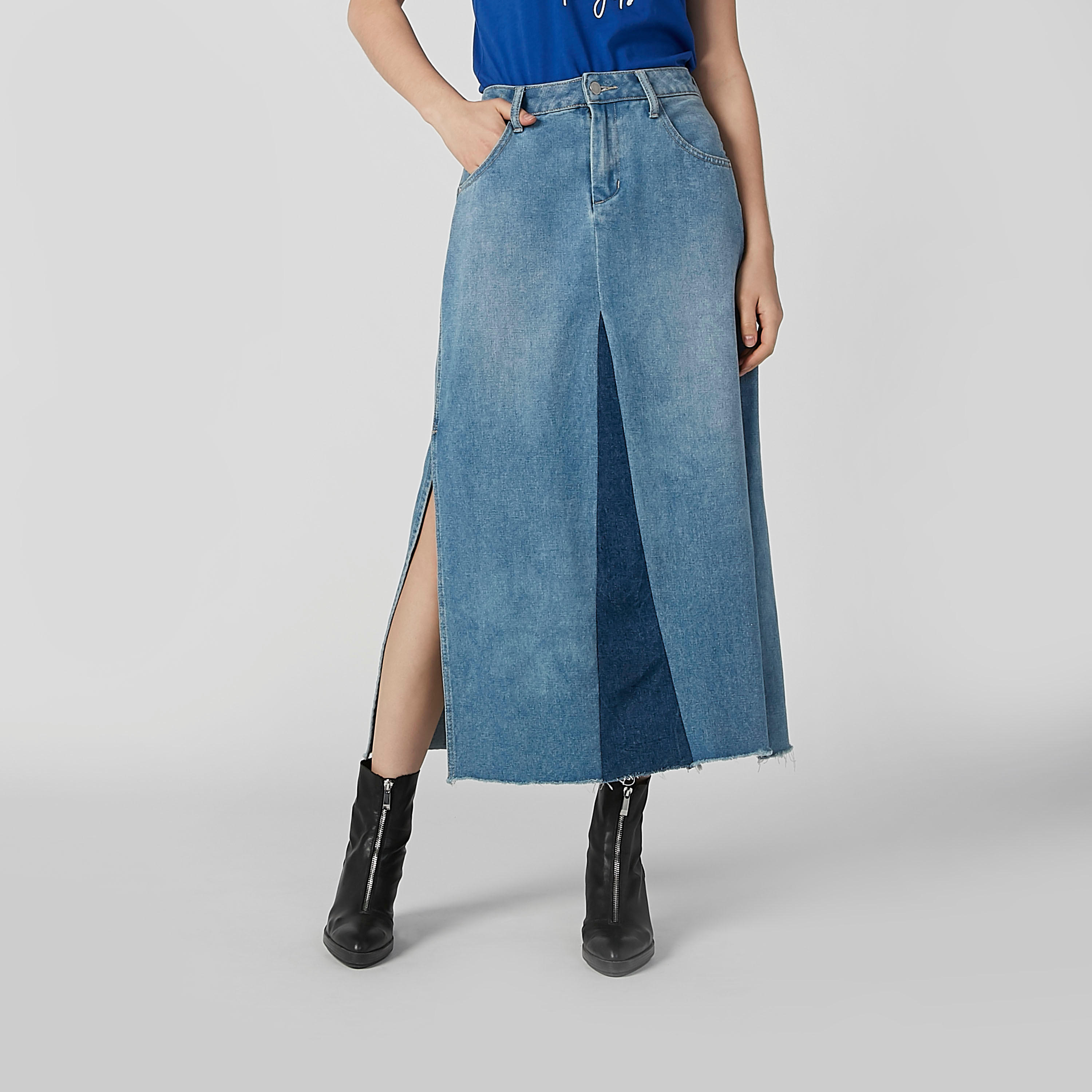 تنورة دنيم ميدي إيه لاين بتفاصيل جيب وفتحة-women-clothing-bottoms-skirts-image-1