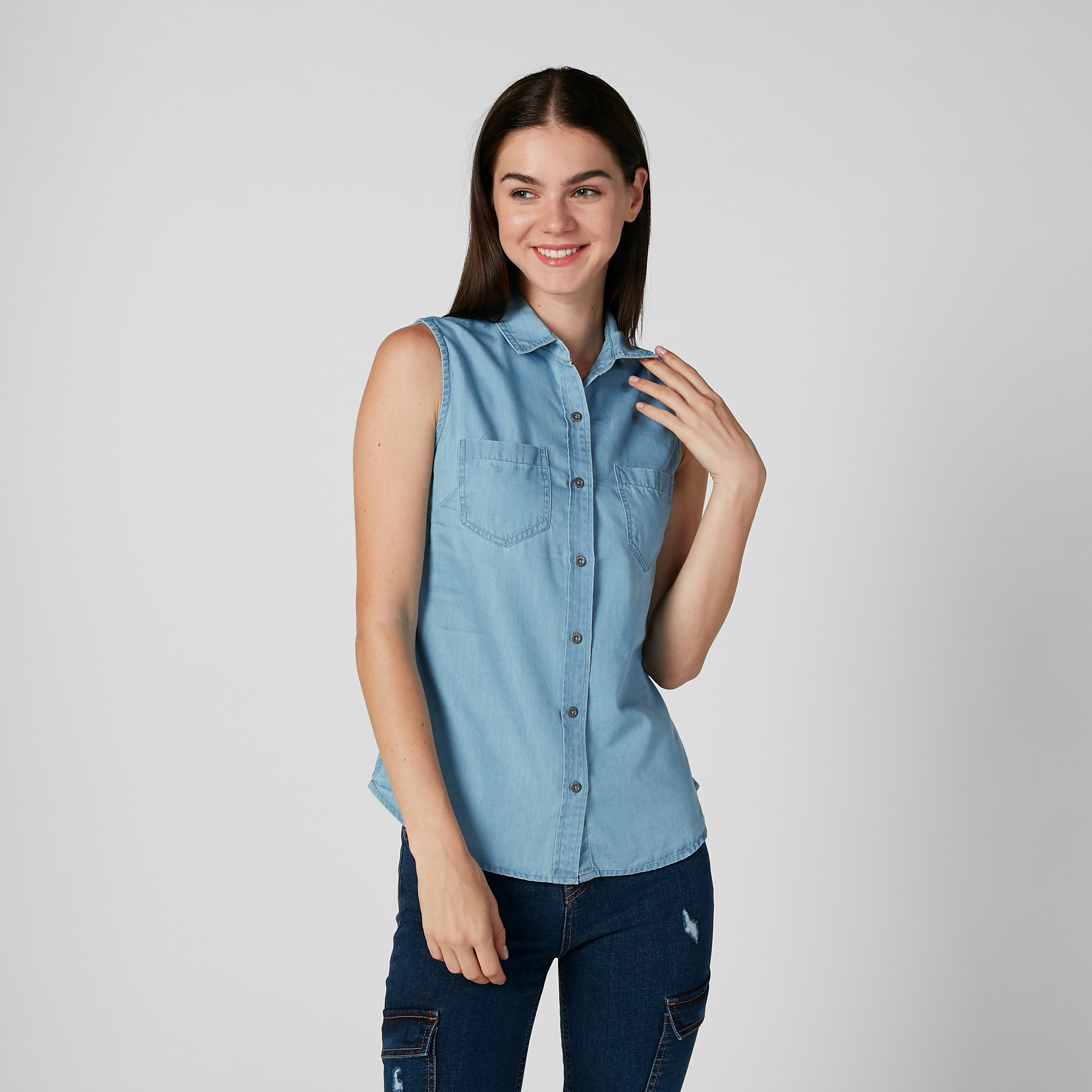 Sustainable Denim Sleeveless Shirt with Chest Pockets-women-clothing-shirtsandblouses-shirts-image-1